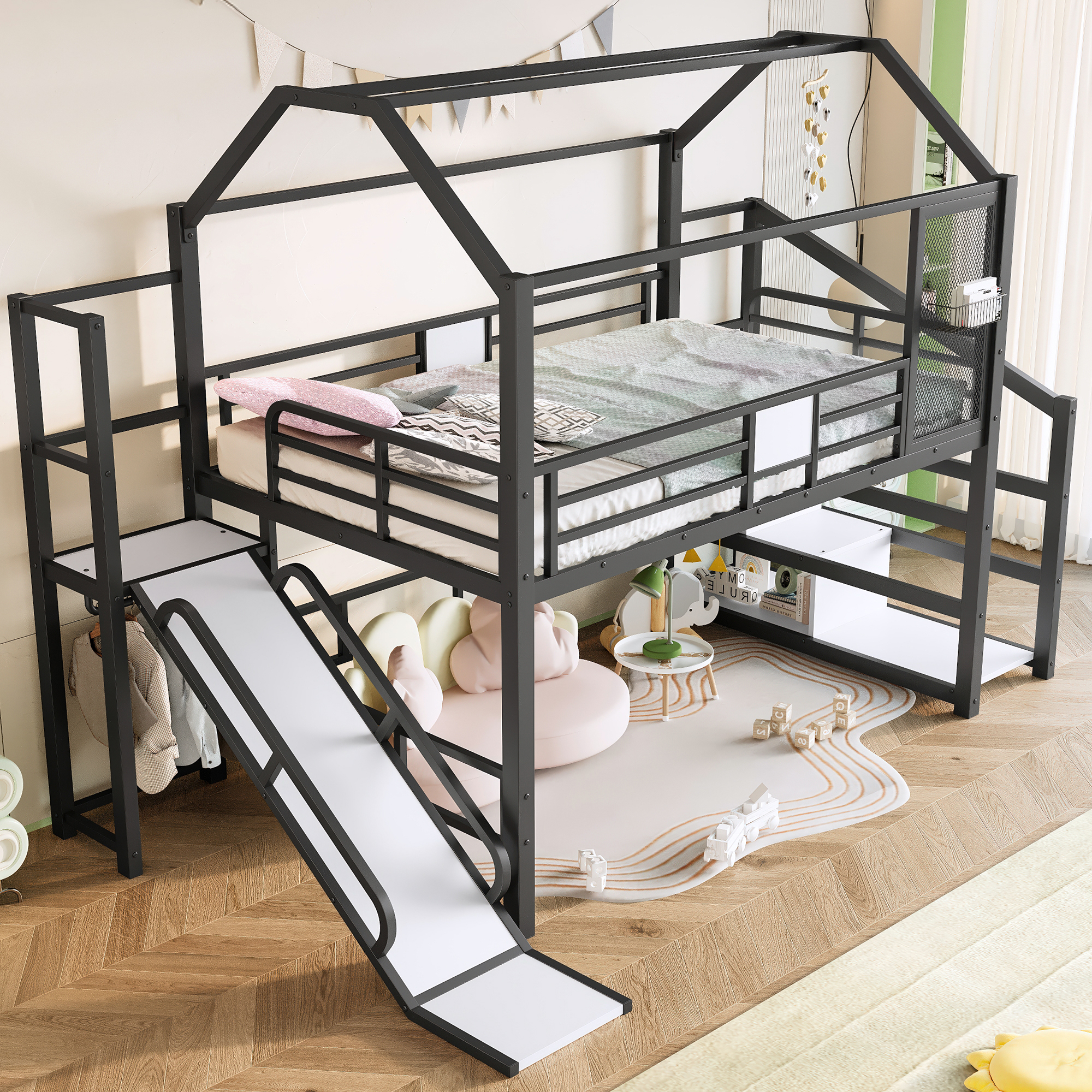 Full House Loft bed with Slide and Stairs, Metal Playhouse Bed with Storage Shelves, House-shaped Roof and Noise-free Design, Black - Image 3