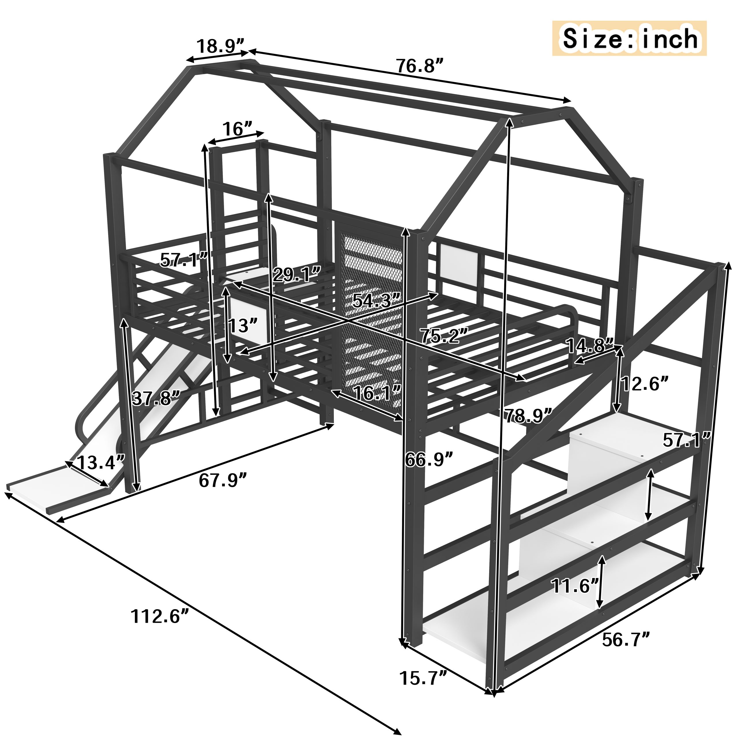 Full House Loft bed with Slide and Stairs, Metal Playhouse Bed with Storage Shelves, House-shaped Roof and Noise-free Design, Black - Image 4