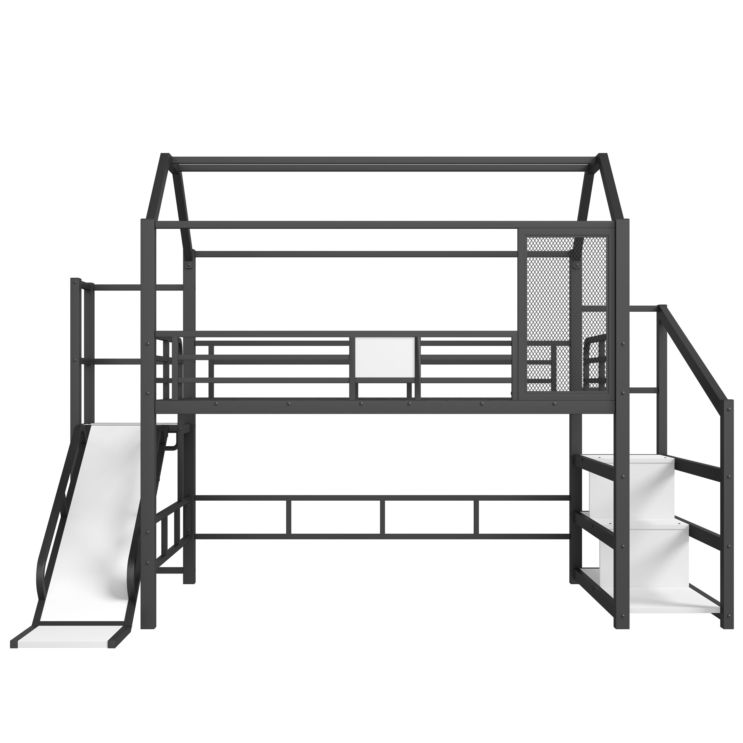 Full House Loft bed with Slide and Stairs, Metal Playhouse Bed with Storage Shelves, House-shaped Roof and Noise-free Design, Black - Image 5