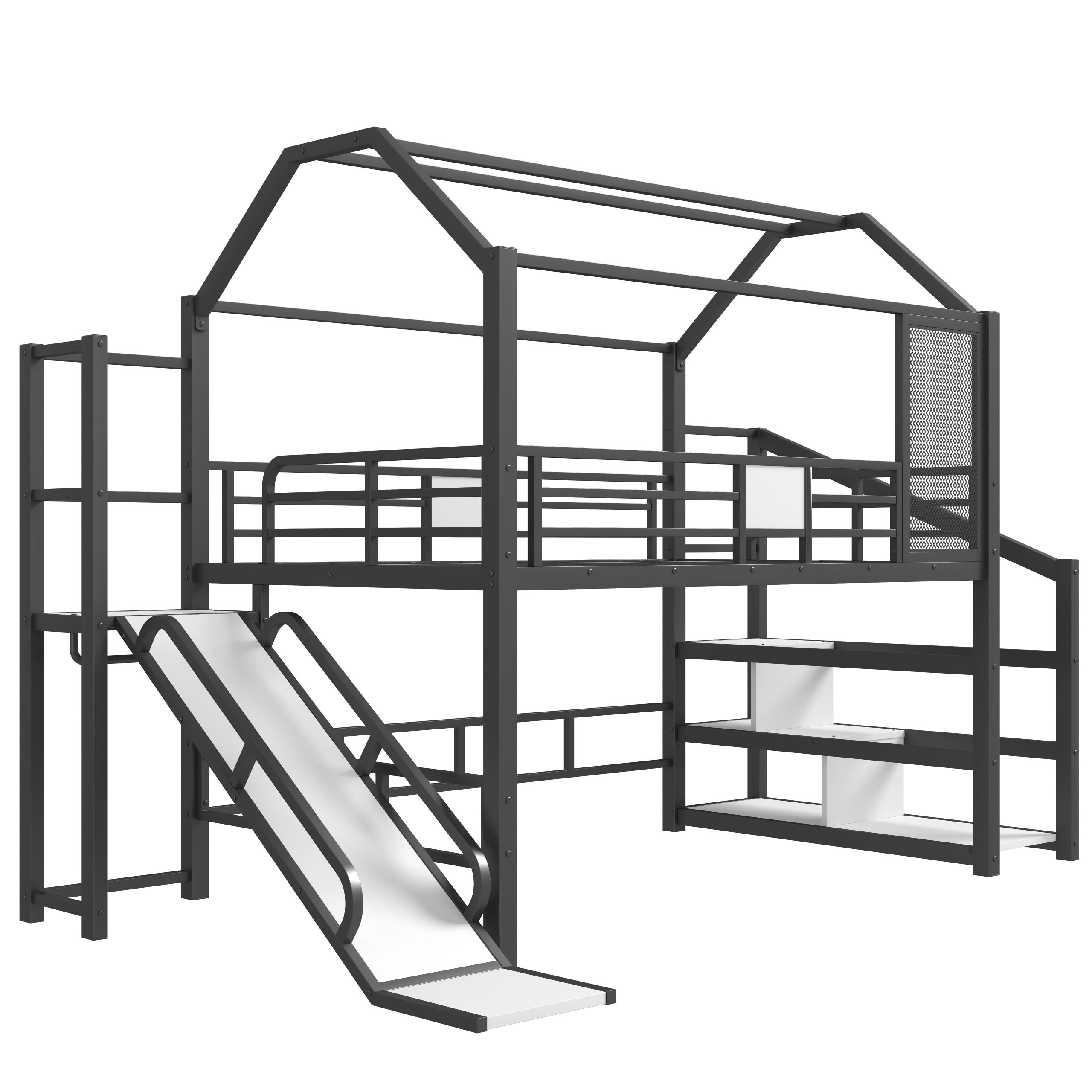 Full House Loft bed with Slide and Stairs, Metal Playhouse Bed with Storage Shelves, House-shaped Roof and Noise-free Design, Black - Image 6