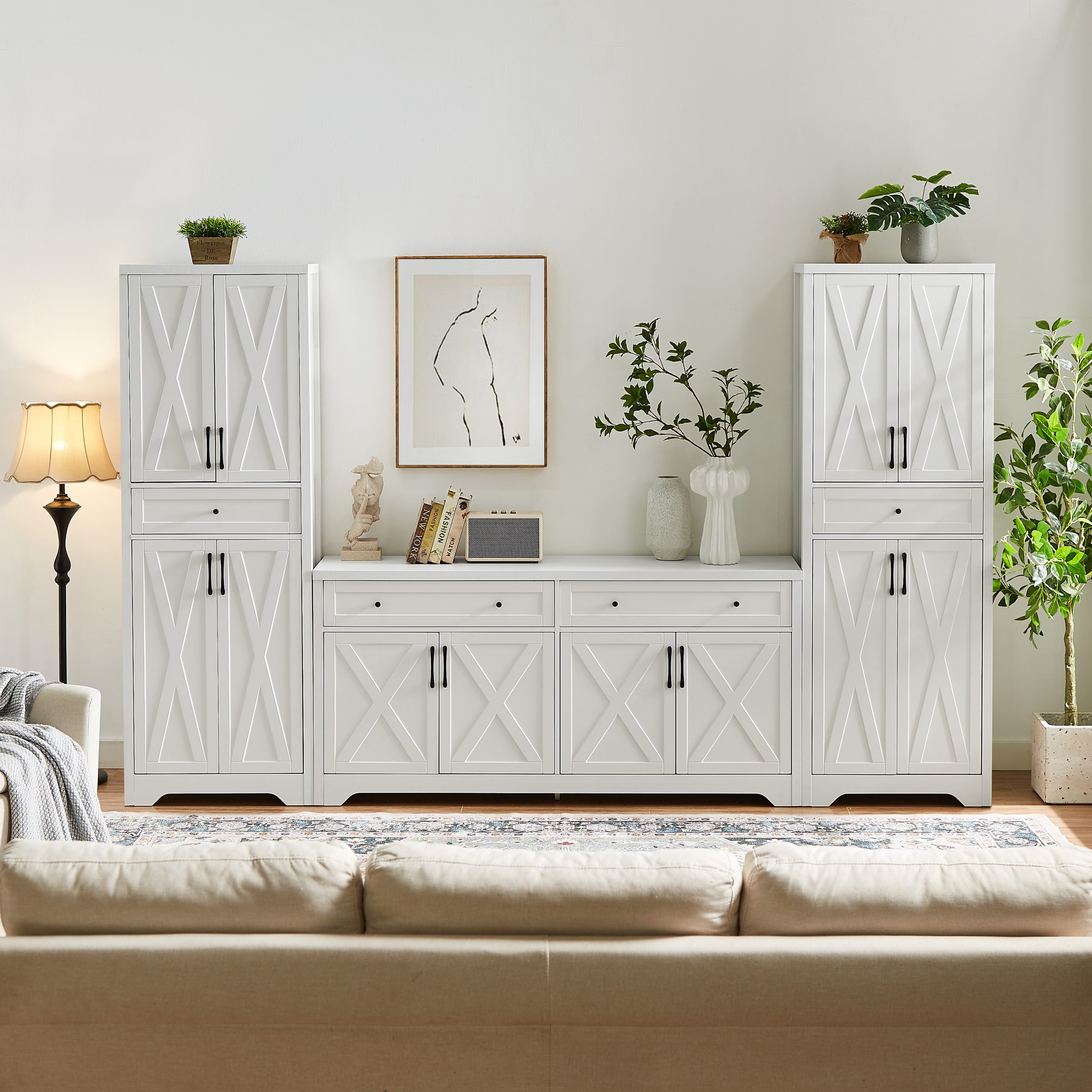 TV Cabinet Set Multifunctional TV Wall, One TV Cabinet and Two Sideboards for Living Room, White, 108.7''L x 15''W x 68''H. - Image 2