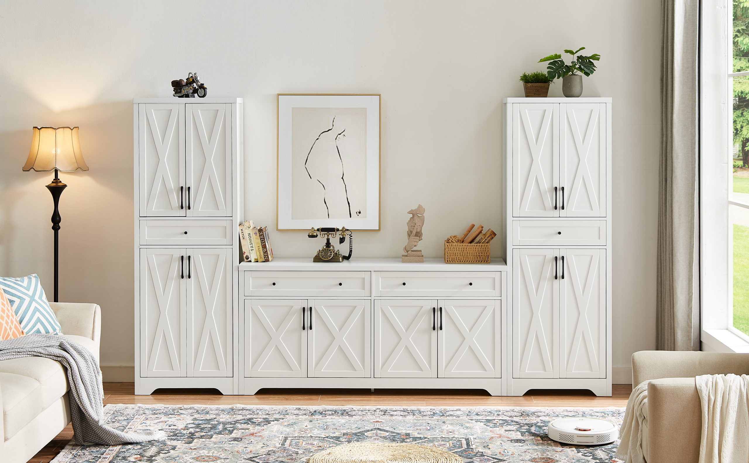 TV Cabinet Set Multifunctional TV Wall, One TV Cabinet and Two Sideboards for Living Room, White, 108.7''L x 15''W x 68''H. - Image 4
