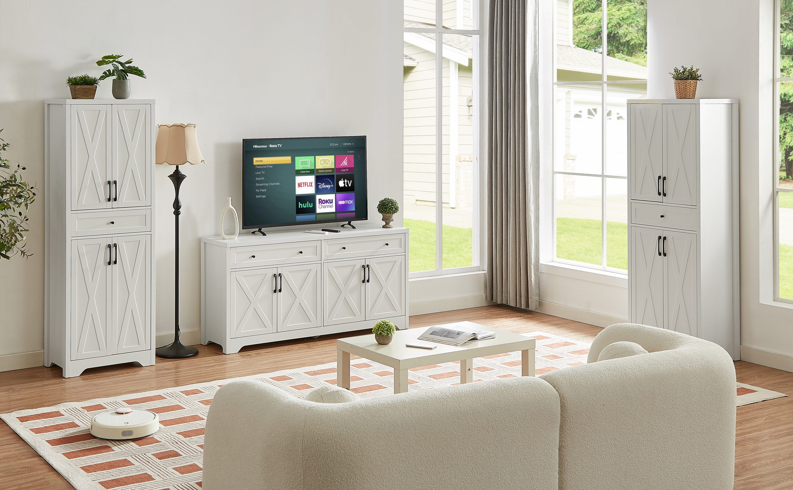 TV Cabinet Set Multifunctional TV Wall, One TV Cabinet and Two Sideboards for Living Room, White, 108.7''L x 15''W x 68''H. - Image 6