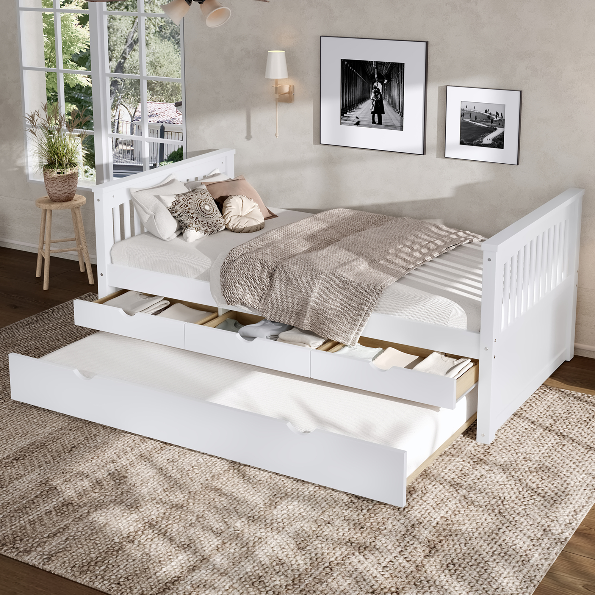 Twin Platform Bed with Drawers and Trundle, Solid Wood Daybed, No Spring Box Needed, White - Image 1