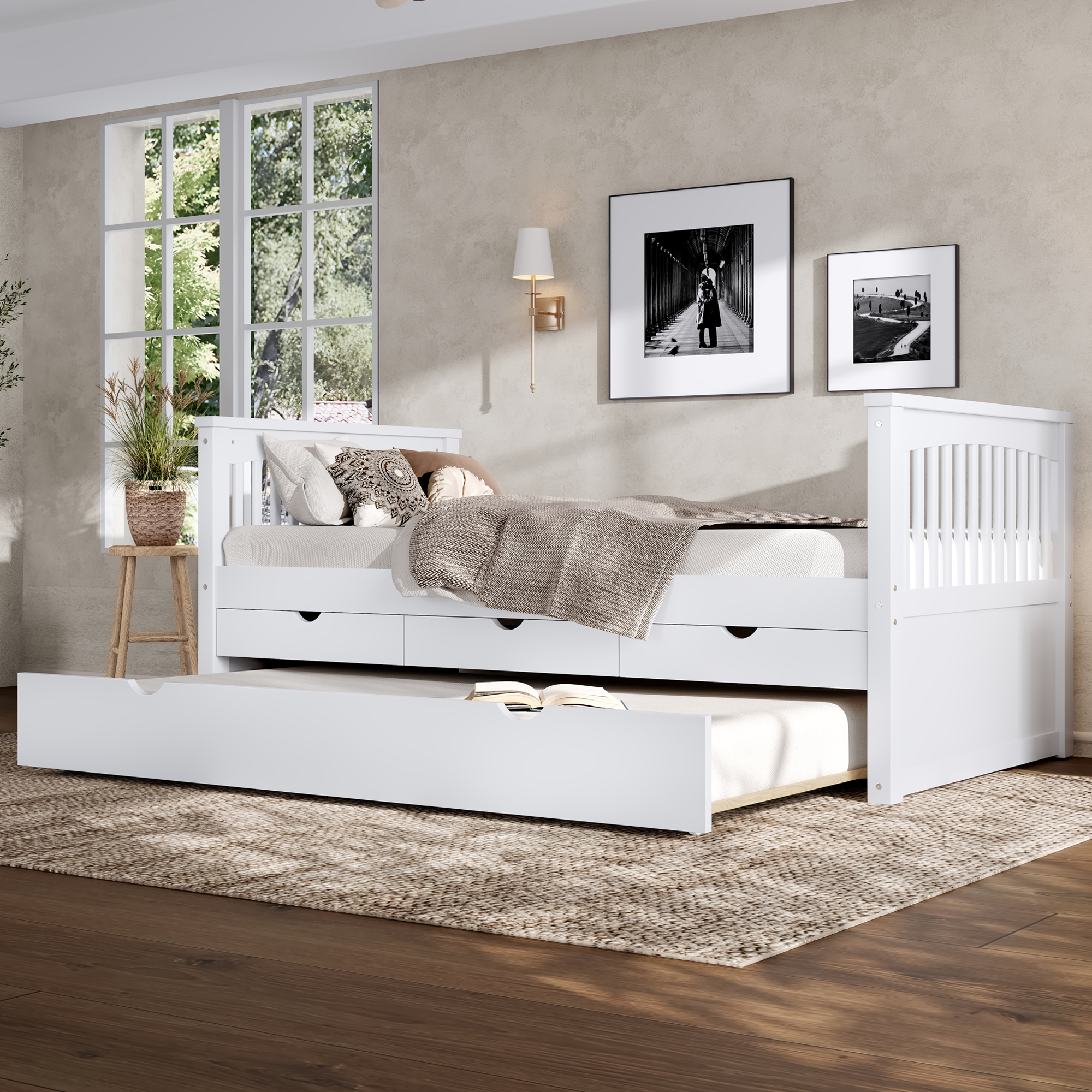 Twin Platform Bed with Drawers and Trundle, Solid Wood Daybed, No Spring Box Needed, White - Image 2