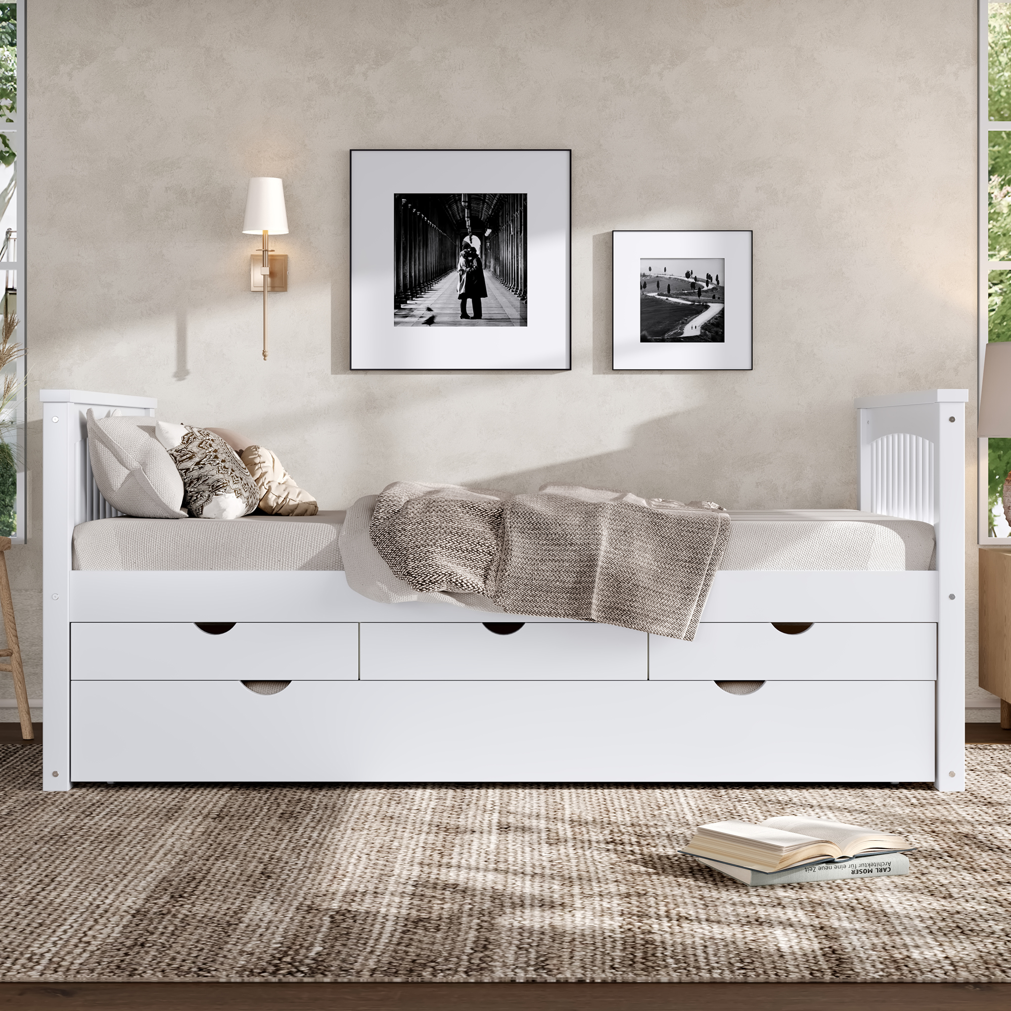 Twin Platform Bed with Drawers and Trundle, Solid Wood Daybed, No Spring Box Needed, White - Image 3