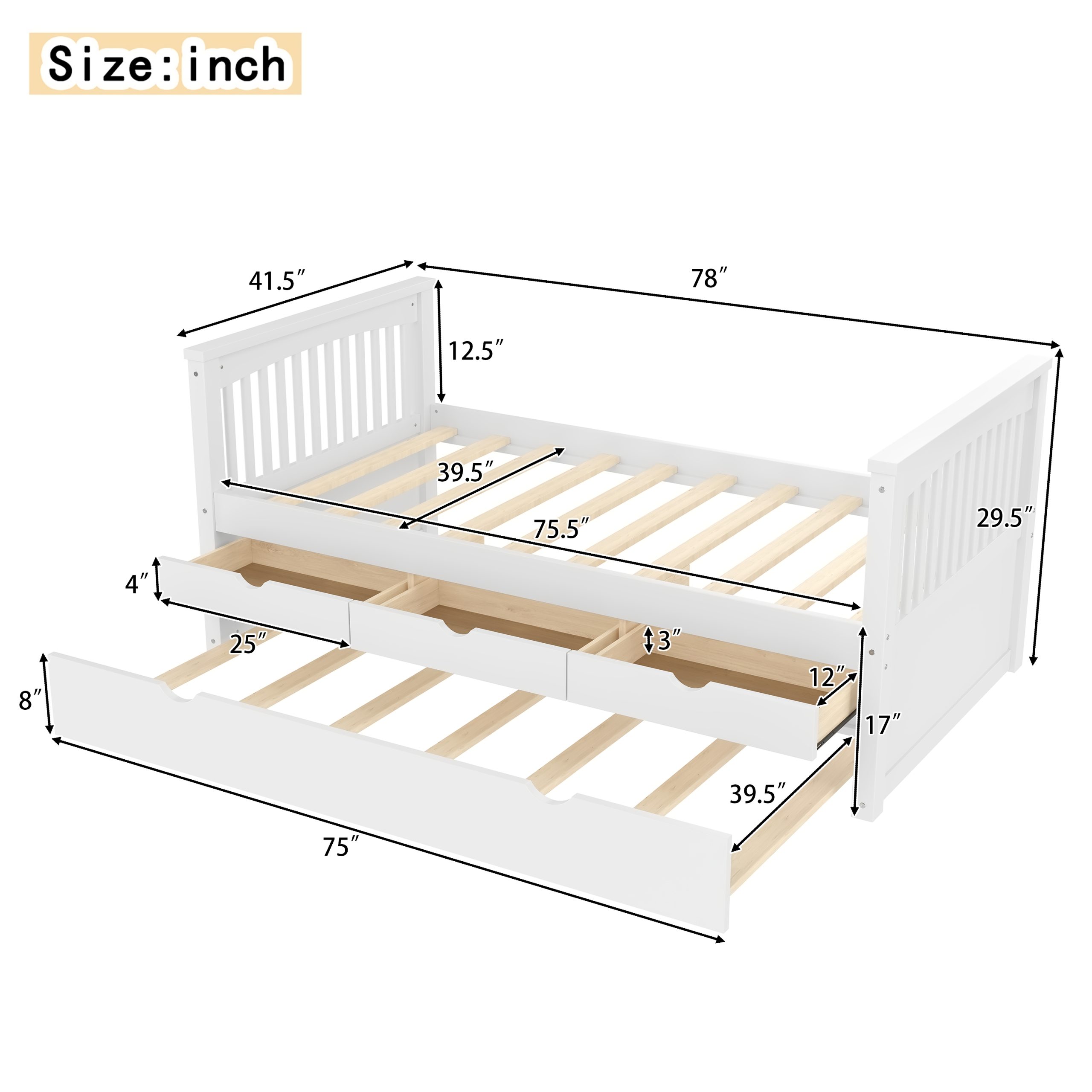 Twin Platform Bed with Drawers and Trundle, Solid Wood Daybed, No Spring Box Needed, White - Image 4