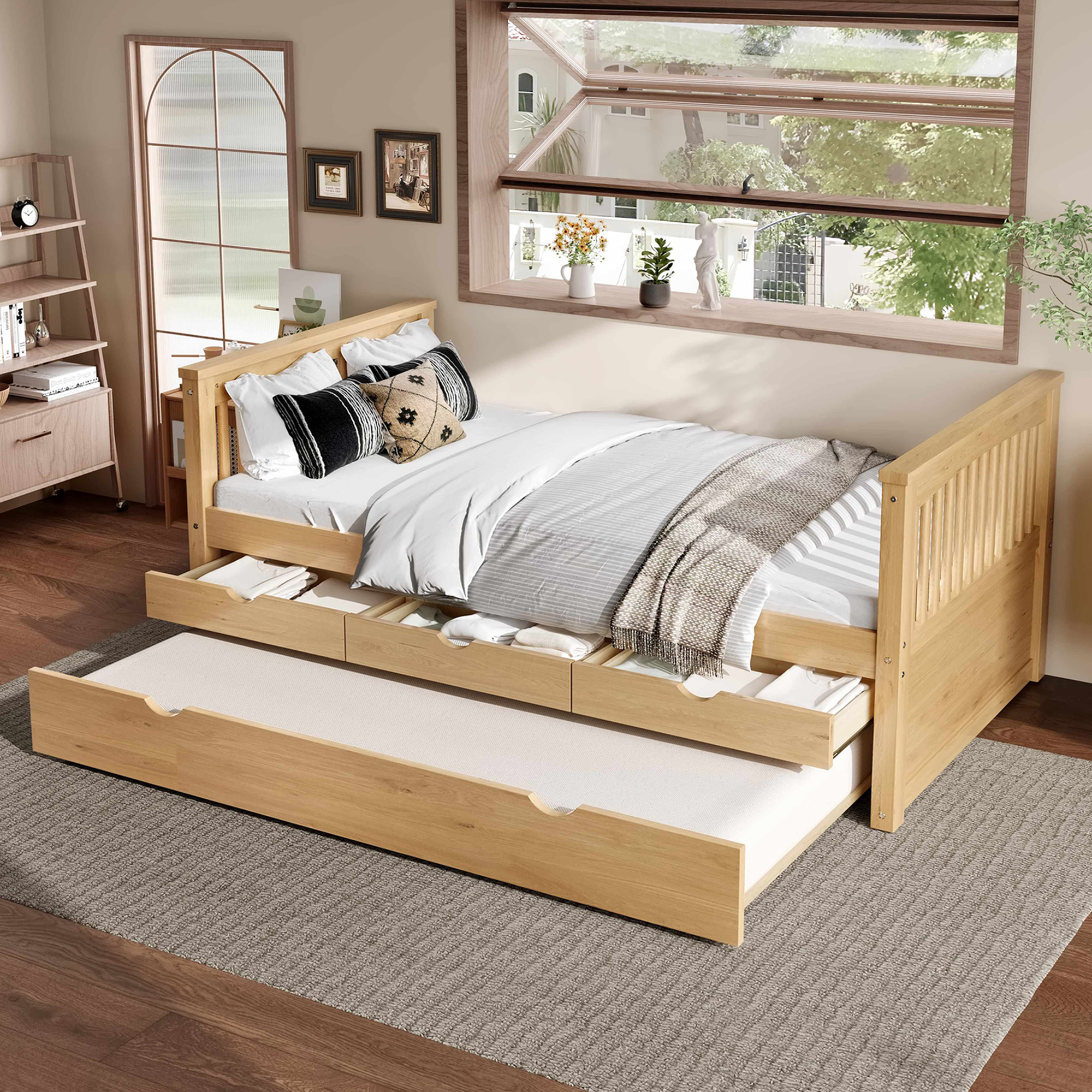 Twin Platform Bed with Drawers and Trundle, Solid Wood Daybed, No Spring Box Needed, Natural