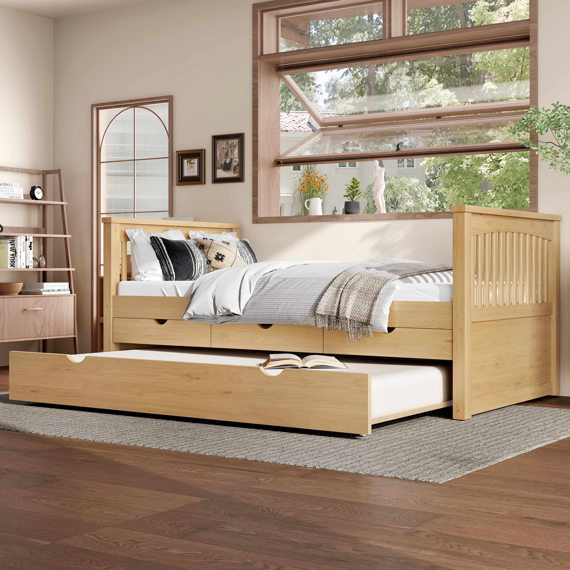 Twin Platform Bed with Drawers and Trundle, Solid Wood Daybed, No Spring Box Needed, Natural - Image 2