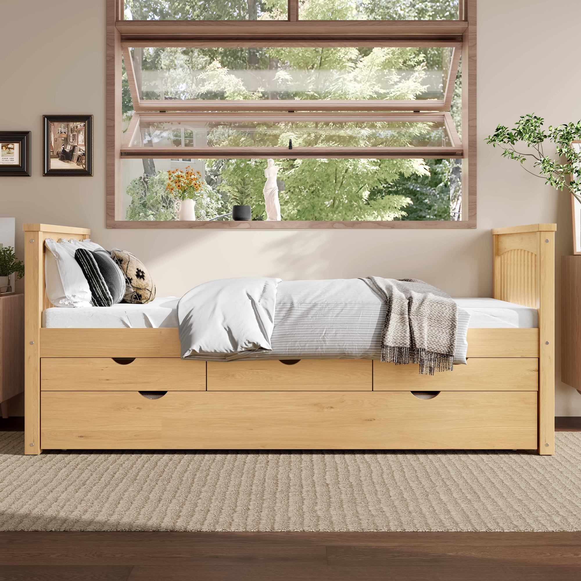 Twin Platform Bed with Drawers and Trundle, Solid Wood Daybed, No Spring Box Needed, Natural - Image 3