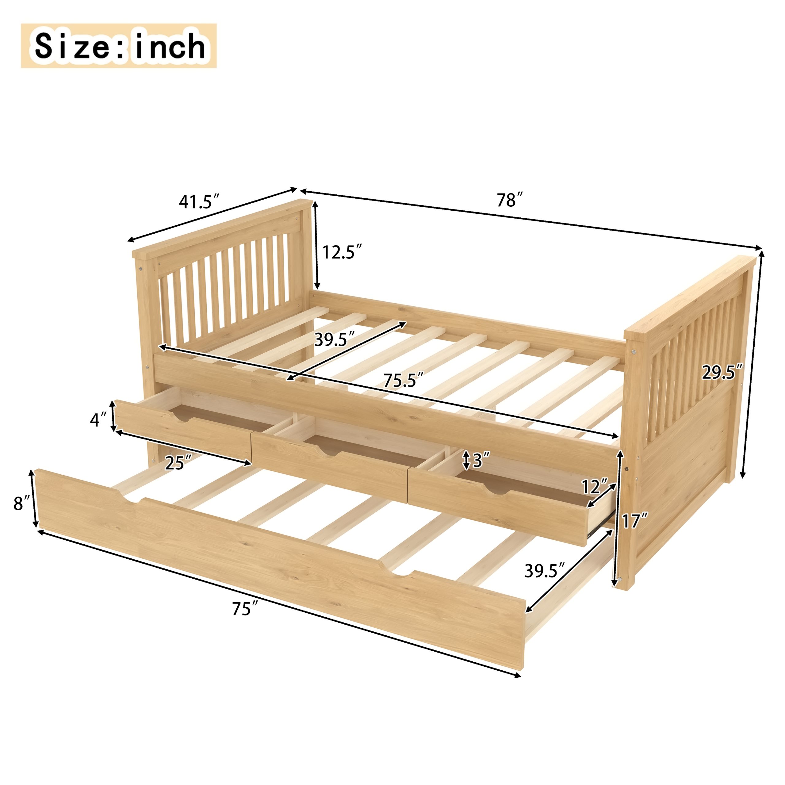 Twin Platform Bed with Drawers and Trundle, Solid Wood Daybed, No Spring Box Needed, Natural - Image 4