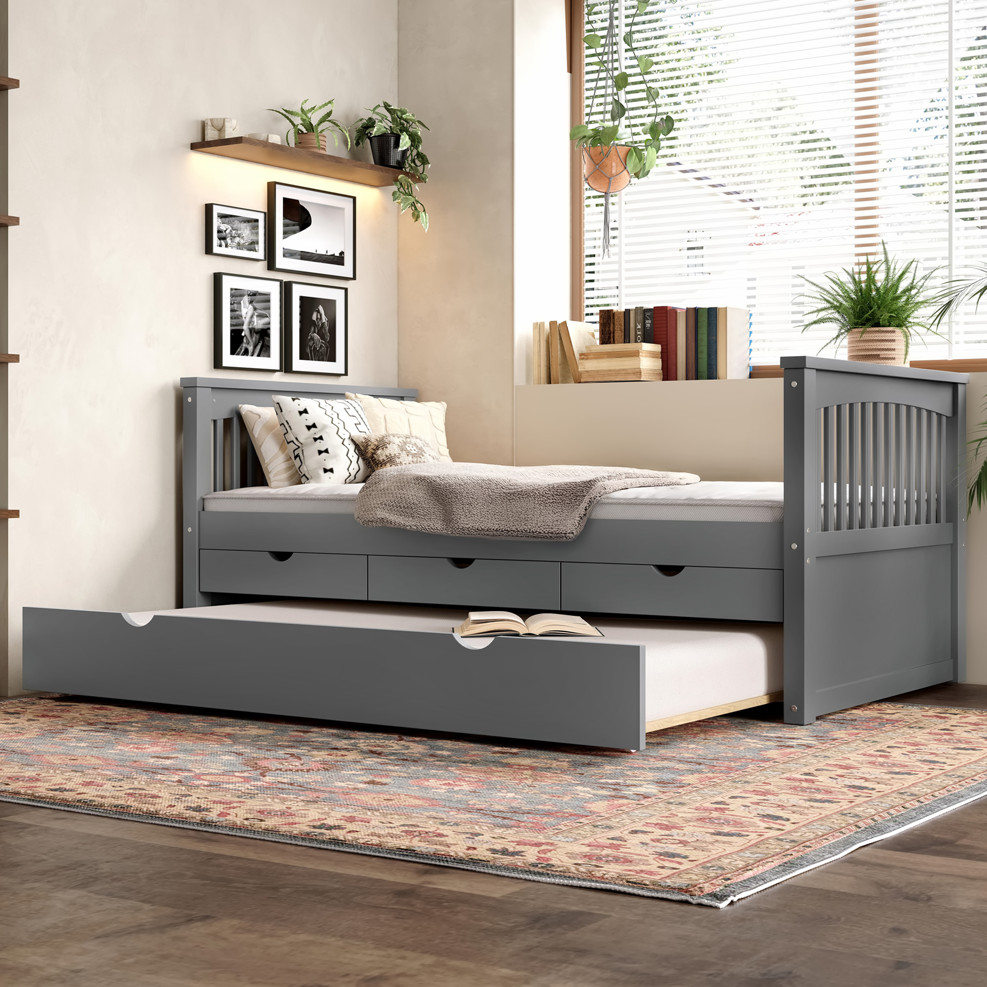 Twin Platform Bed with Drawers and Trundle, Solid Wood Daybed, No Spring Box Needed, Gray - Image 2