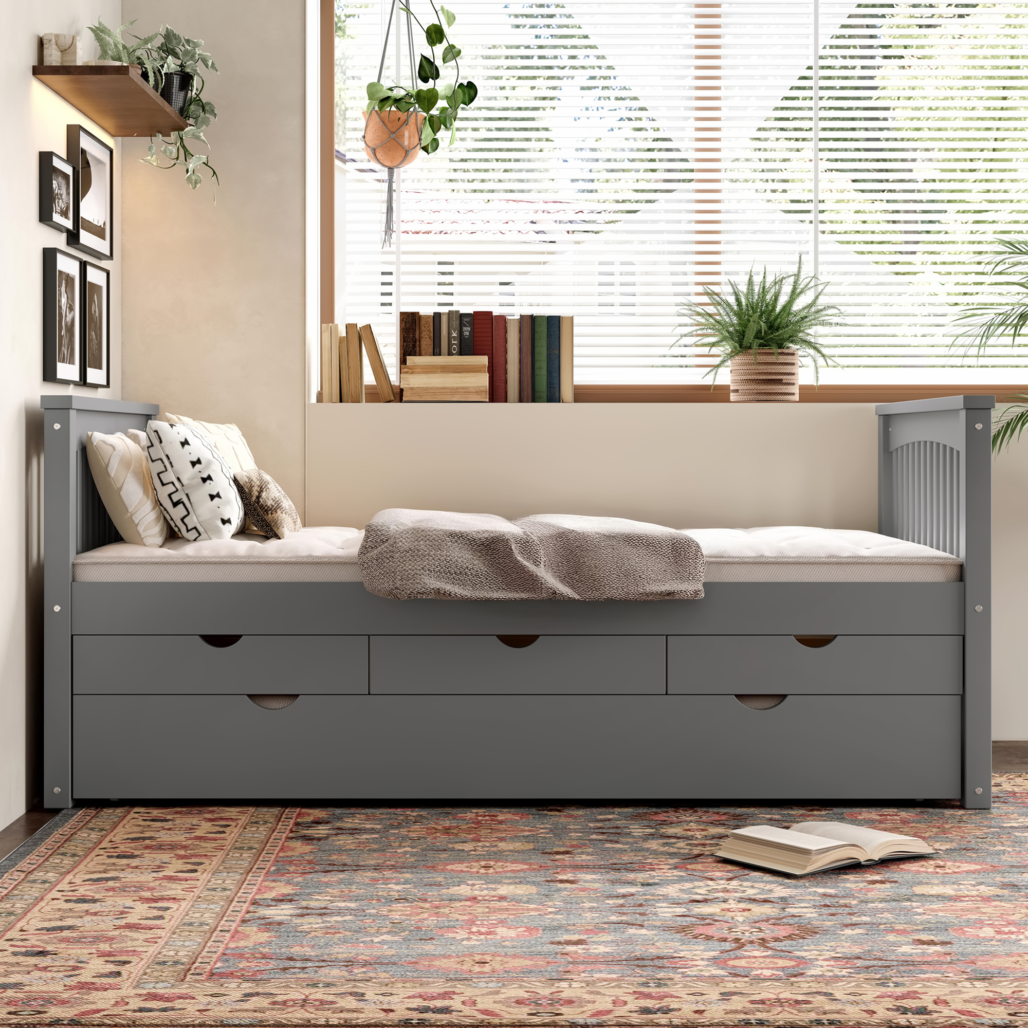 Twin Platform Bed with Drawers and Trundle, Solid Wood Daybed, No Spring Box Needed, Gray - Image 3