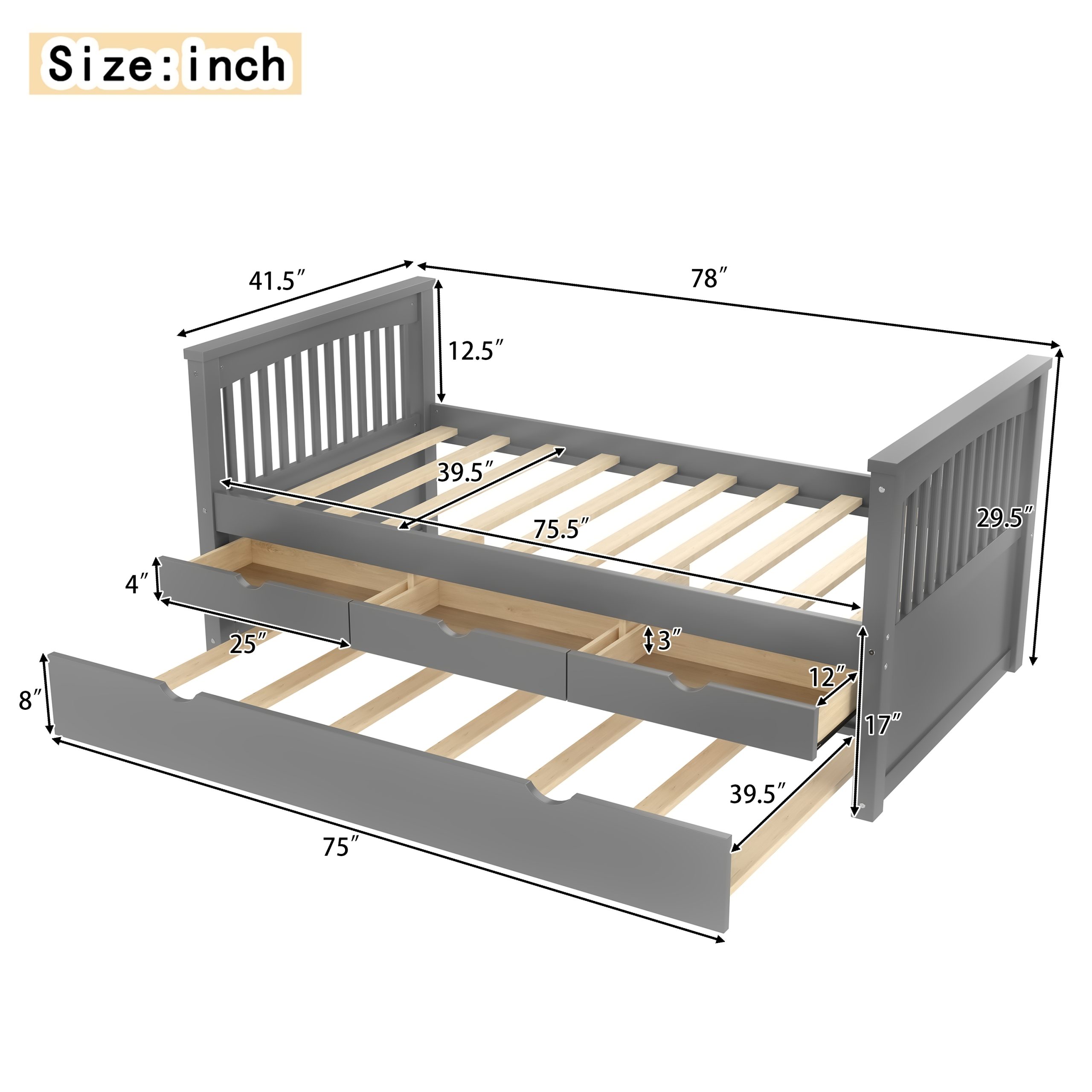 Twin Platform Bed with Drawers and Trundle, Solid Wood Daybed, No Spring Box Needed, Gray - Image 4