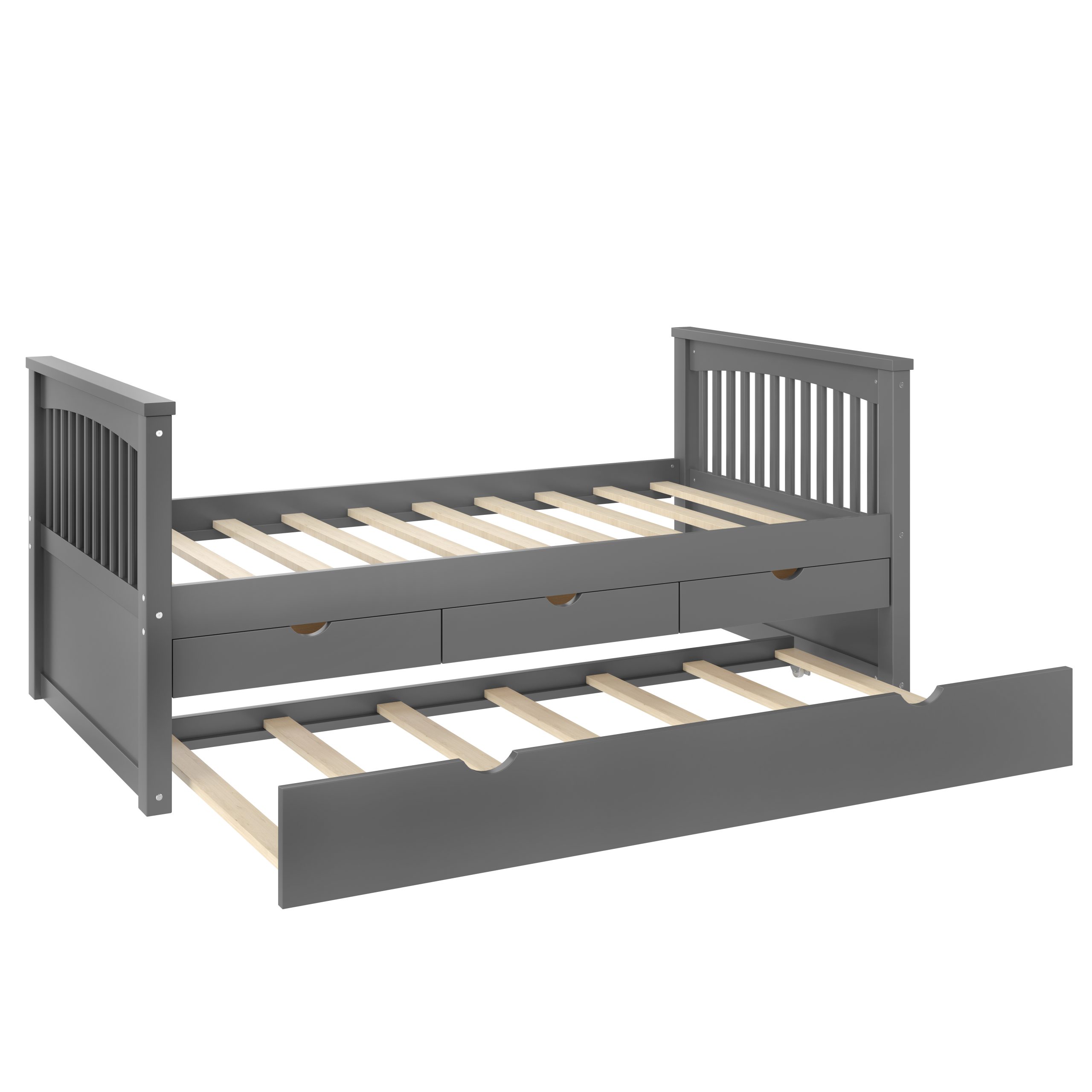 Twin Platform Bed with Drawers and Trundle, Solid Wood Daybed, No Spring Box Needed, Gray - Image 5
