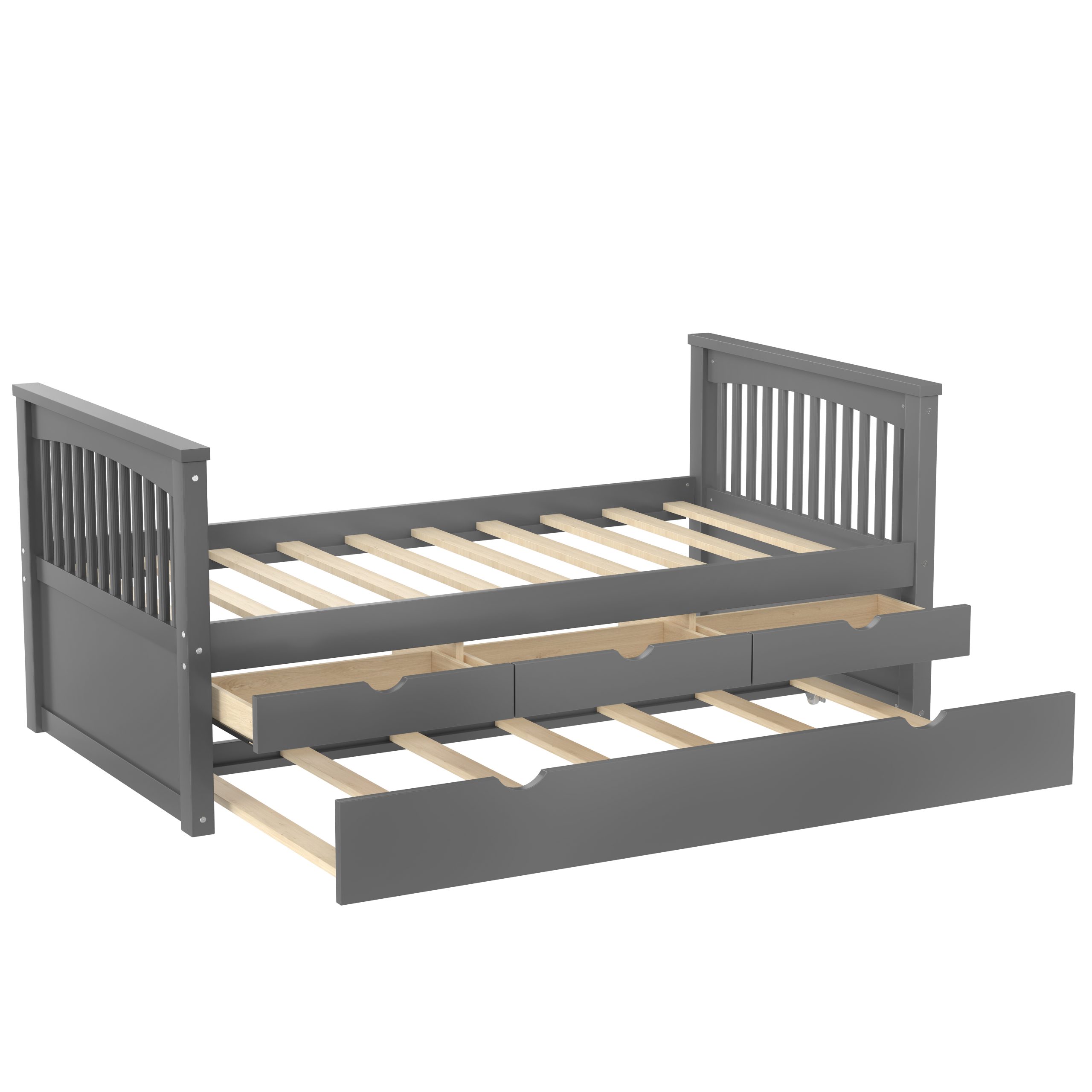 Twin Platform Bed with Drawers and Trundle, Solid Wood Daybed, No Spring Box Needed, Gray - Image 6