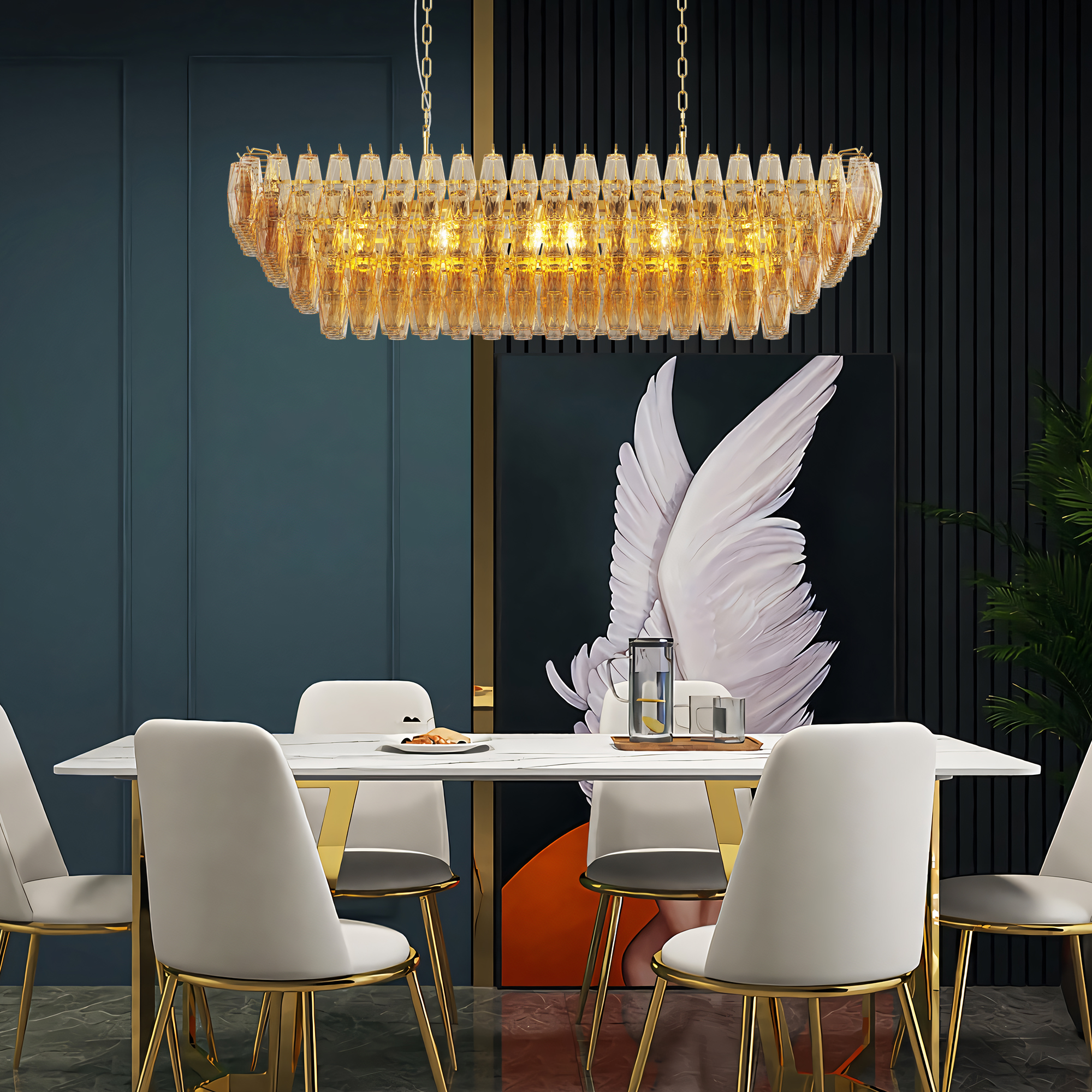 Modern Chandeliers for Dining Room, 54" Large Rectangle Gold Kitchen Chandelier Over Table, 12-Light with Smoke Glass Ceiling Lights, Farmhouse Pendant Lighting Fixture for Living Room Bedroom - Image 4