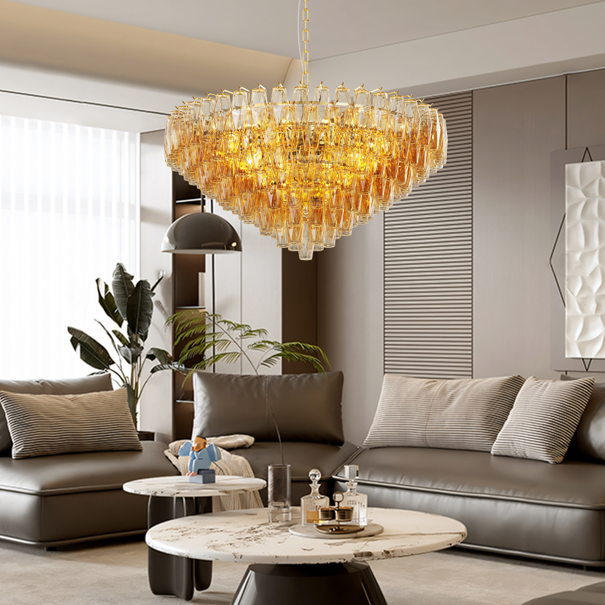 37" Extra Large Chandelier, 14-Light Gold Modern Round Chandelier for Living Room, Tiered Smoke Blown Glass Brass Chandeliers, Hanging Light Fixture for Bedroom, Dining Room, Foyer, Entryway - Image 2