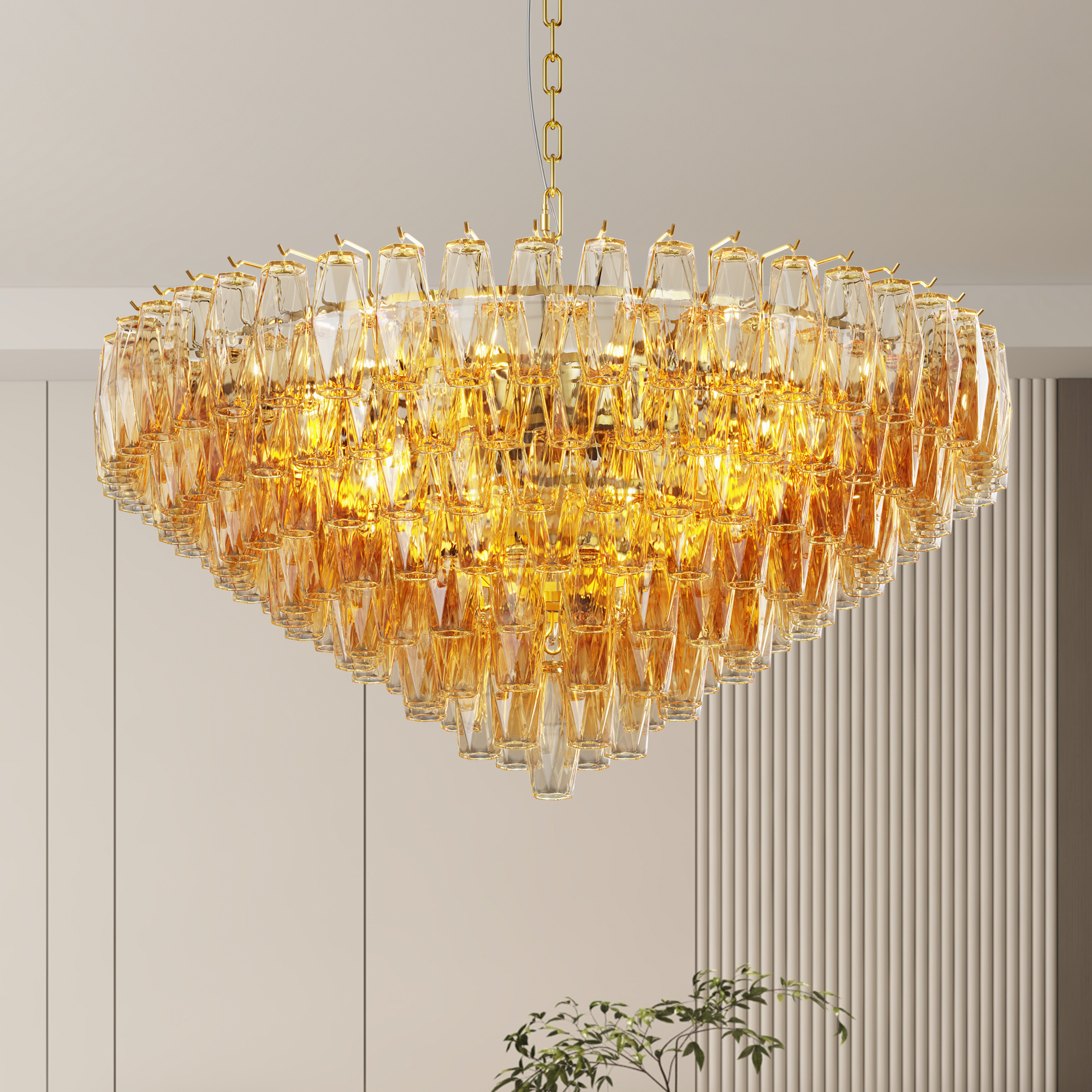 37" Extra Large Chandelier, 14-Light Gold Modern Round Chandelier for Living Room, Tiered Smoke Blown Glass Brass Chandeliers, Hanging Light Fixture for Bedroom, Dining Room, Foyer, Entryway - Image 3