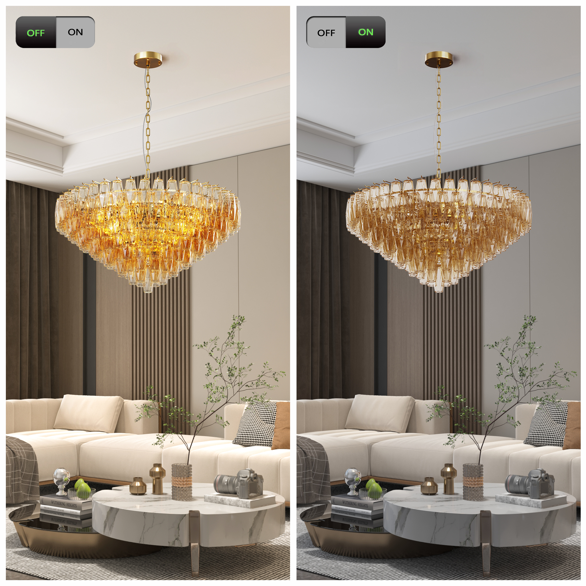 37" Extra Large Chandelier, 14-Light Gold Modern Round Chandelier for Living Room, Tiered Smoke Blown Glass Brass Chandeliers, Hanging Light Fixture for Bedroom, Dining Room, Foyer, Entryway - Image 4