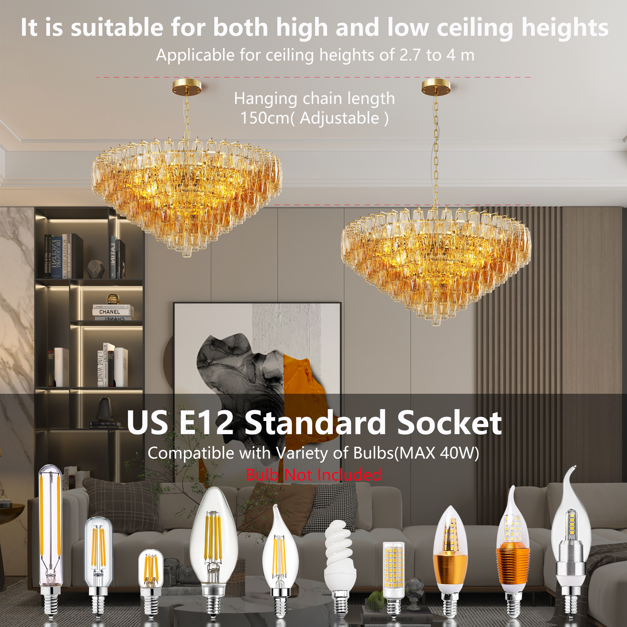 37" Extra Large Chandelier, 14-Light Gold Modern Round Chandelier for Living Room, Tiered Smoke Blown Glass Brass Chandeliers, Hanging Light Fixture for Bedroom, Dining Room, Foyer, Entryway - Image 5