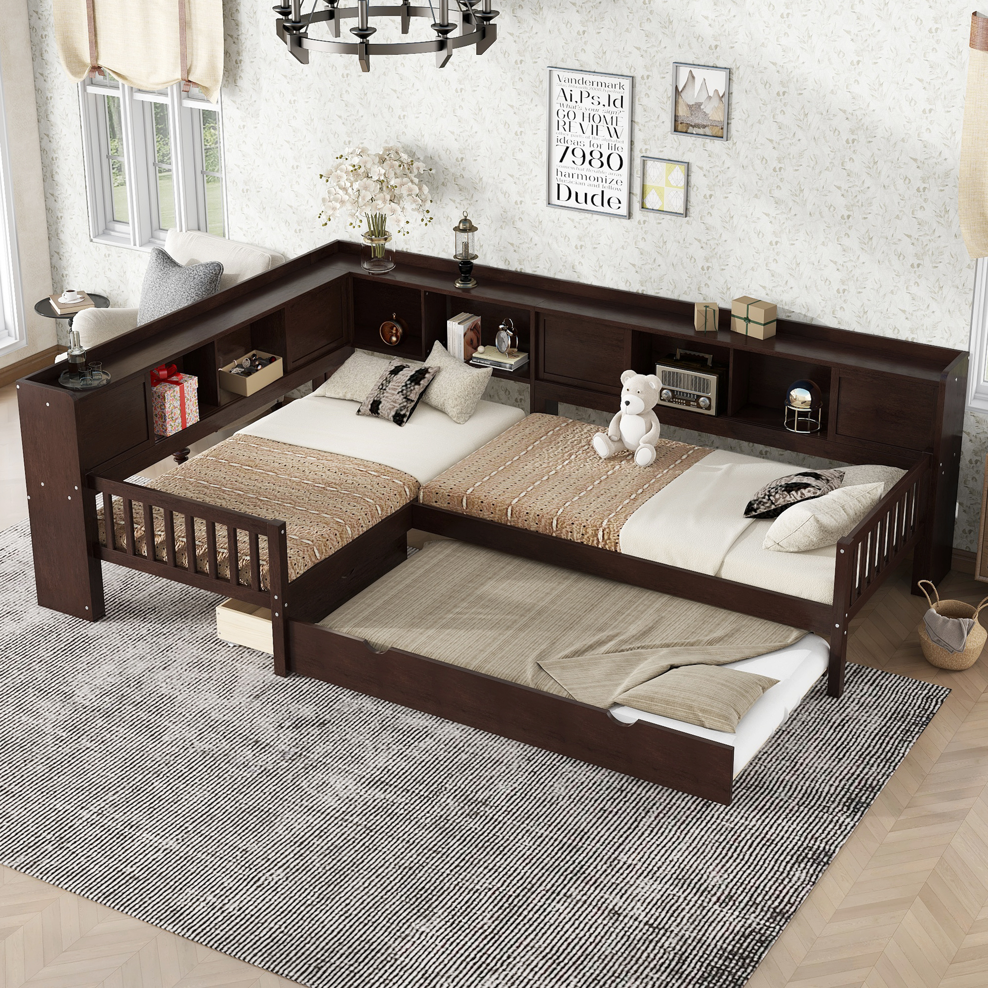 L-shaped Platform Bed Twin Size with Trundle, Solid Wood Platform Bed with Storage Drawers and Shelves, No Spring Box Needed,Espresso - Image 2