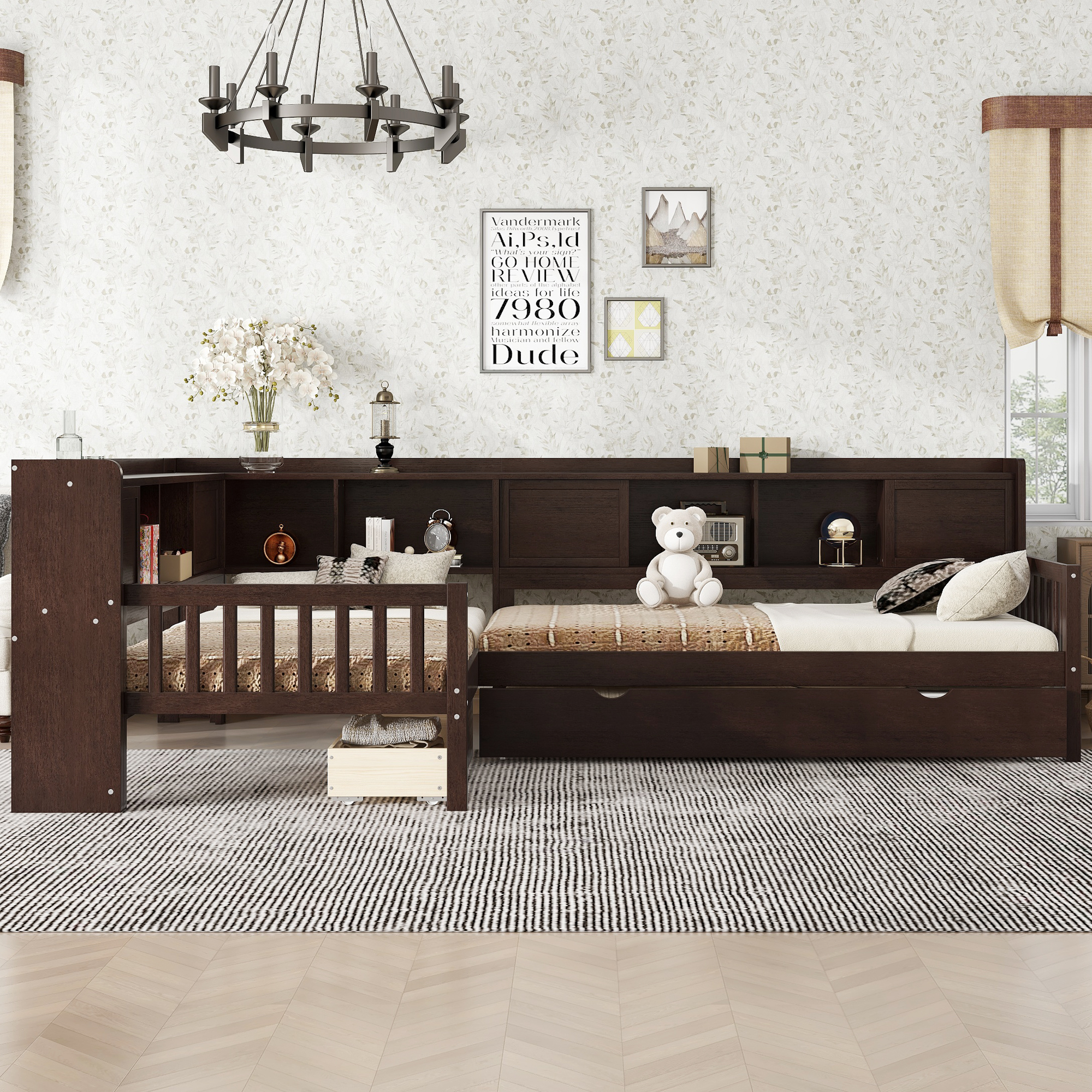 L-shaped Platform Bed Twin Size with Trundle, Solid Wood Platform Bed with Storage Drawers and Shelves, No Spring Box Needed,Espresso - Image 3