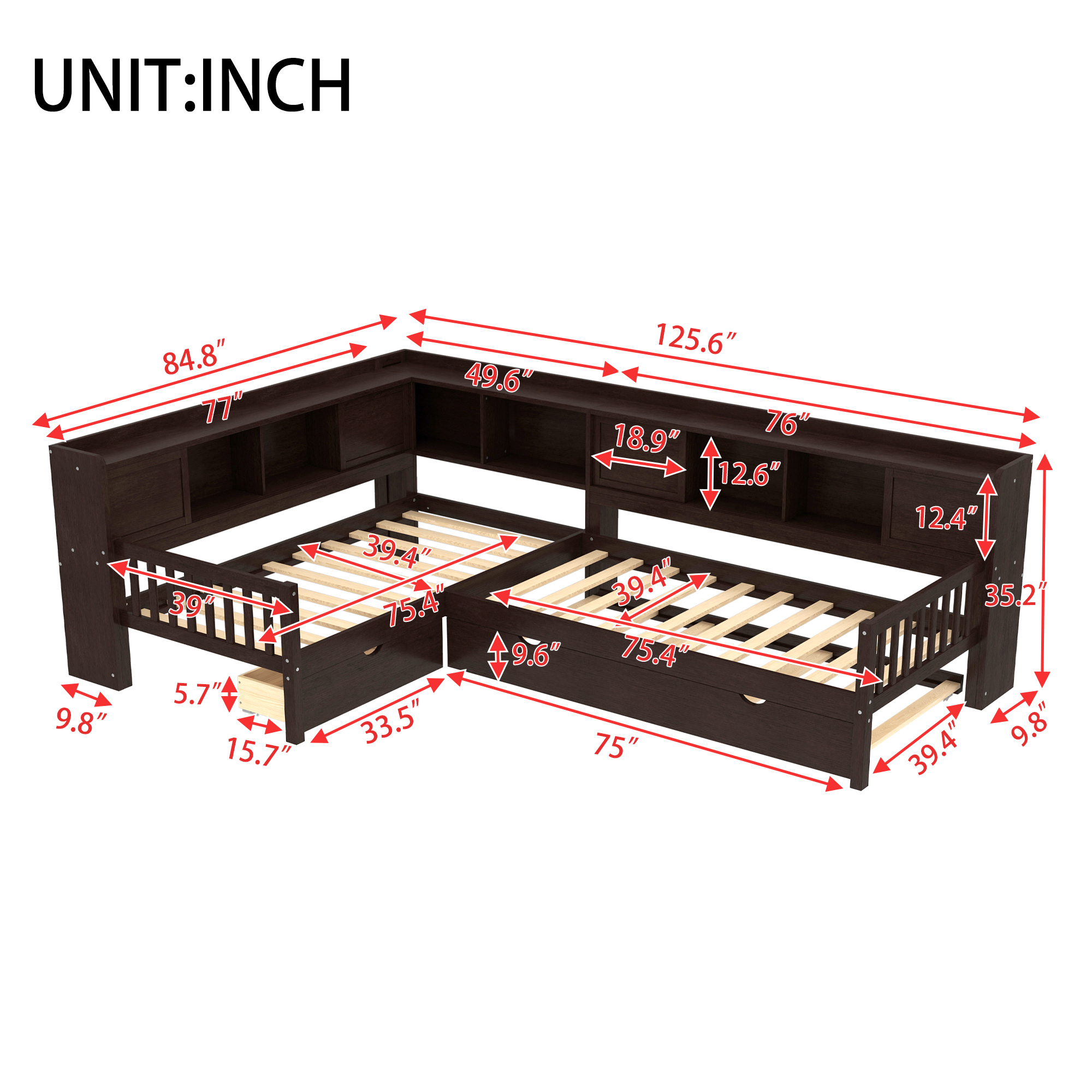 L-shaped Platform Bed Twin Size with Trundle, Solid Wood Platform Bed with Storage Drawers and Shelves, No Spring Box Needed,Espresso - Image 4