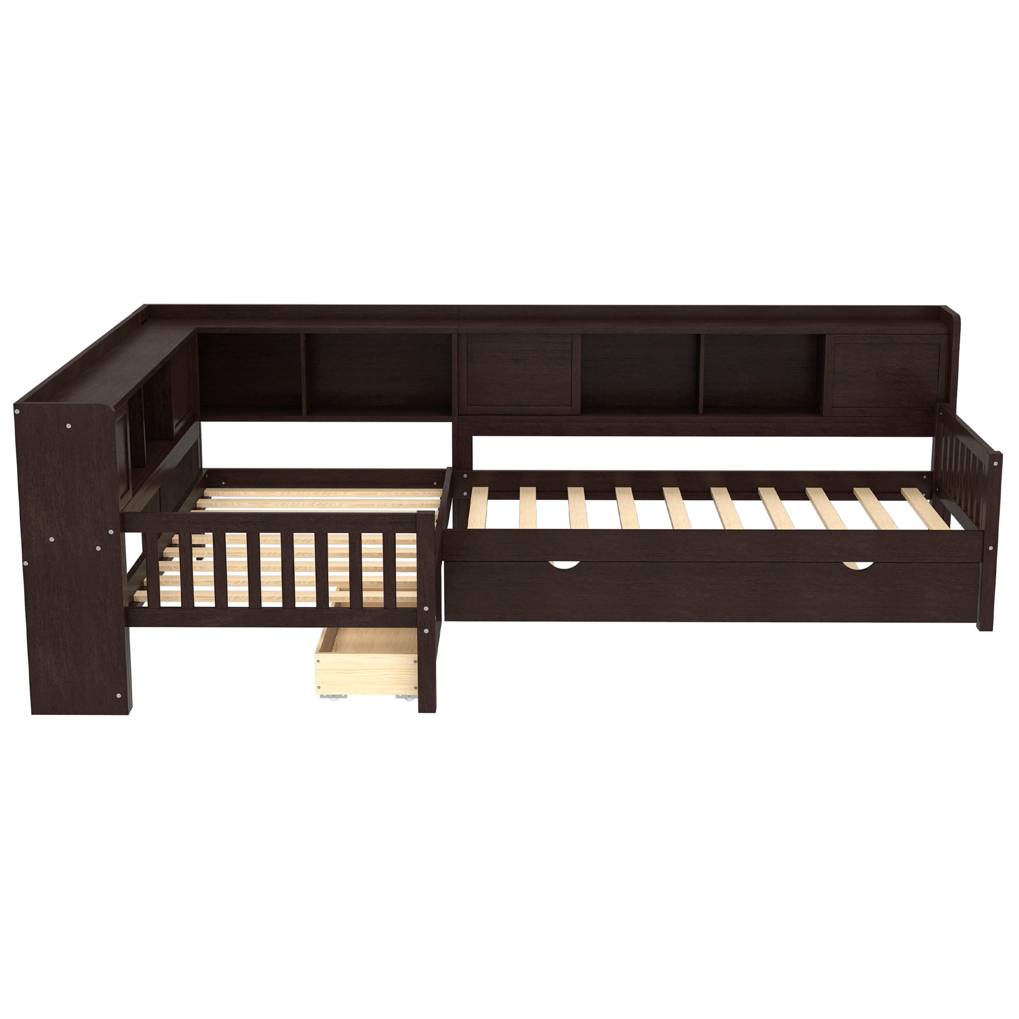 L-shaped Platform Bed Twin Size with Trundle, Solid Wood Platform Bed with Storage Drawers and Shelves, No Spring Box Needed,Espresso - Image 5