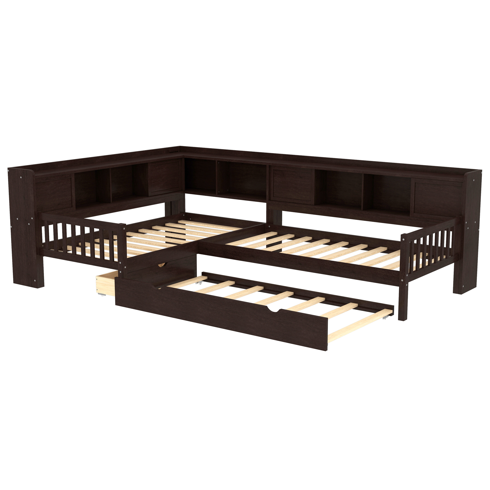 L-shaped Platform Bed Twin Size with Trundle, Solid Wood Platform Bed with Storage Drawers and Shelves, No Spring Box Needed,Espresso - Image 6
