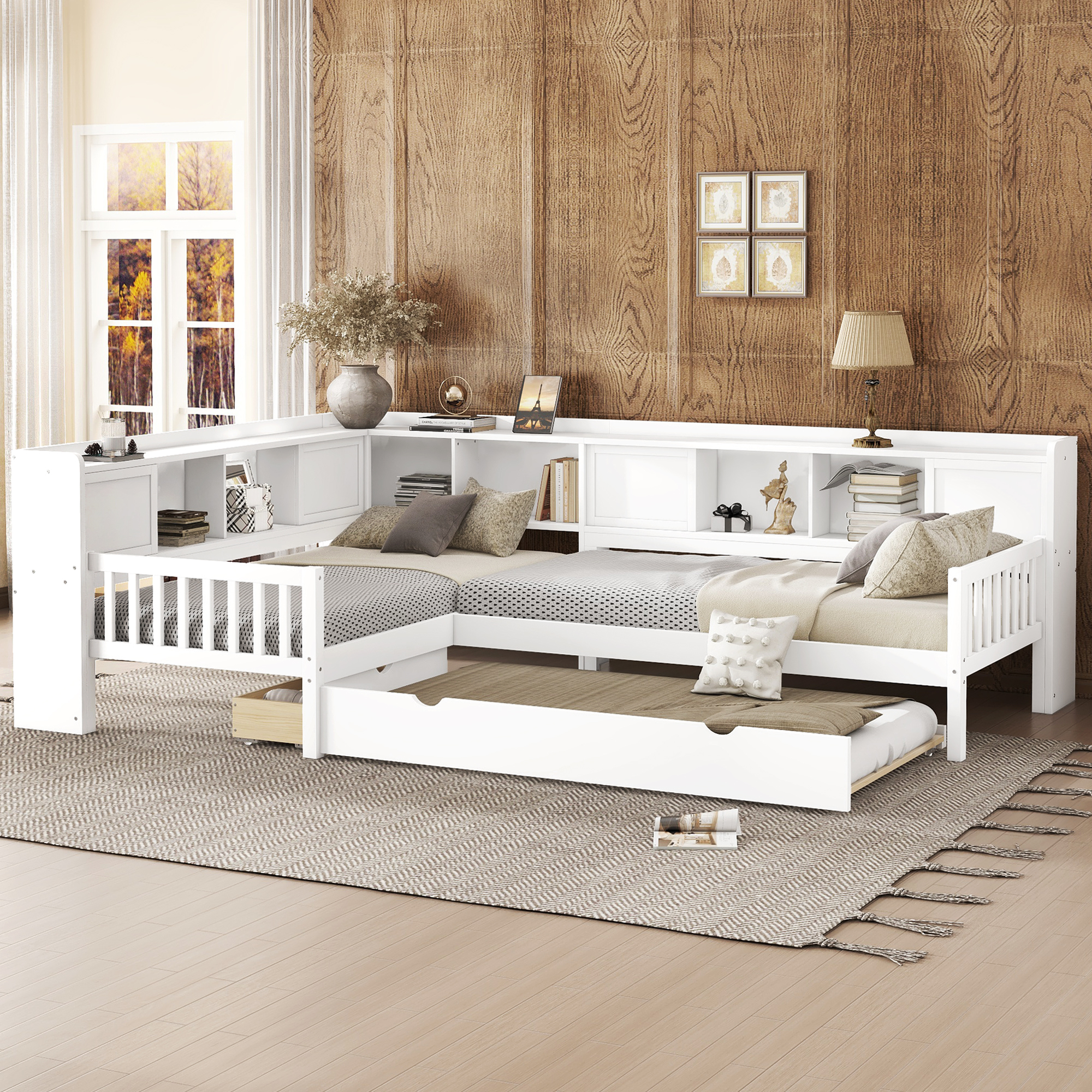 L-shaped Platform Bed Twin Size with Trundle, Solid Wood Platform Bed with Storage Drawers and Shelves, No Spring Box Needed, White