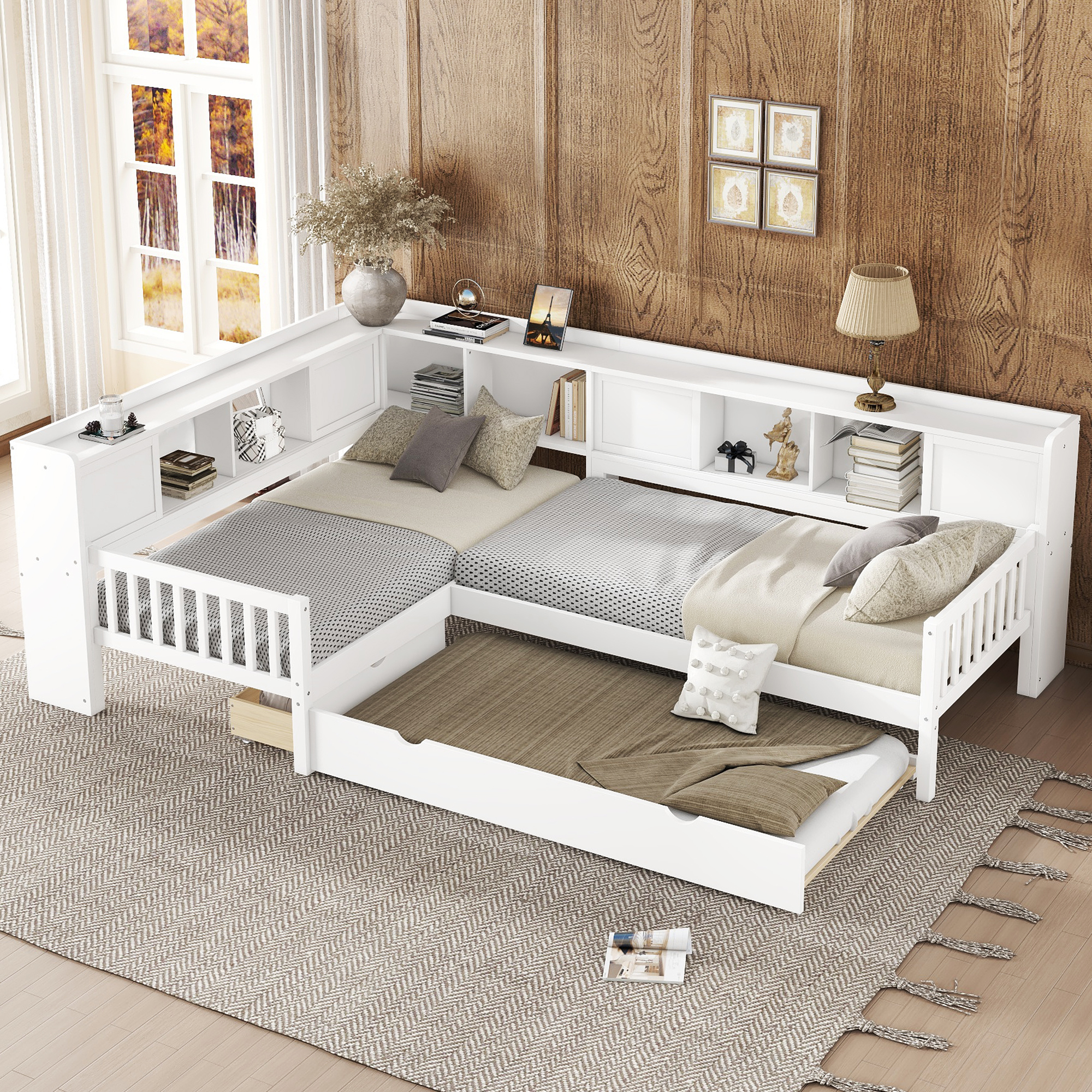 L-shaped Platform Bed Twin Size with Trundle, Solid Wood Platform Bed with Storage Drawers and Shelves, No Spring Box Needed, White - Image 2