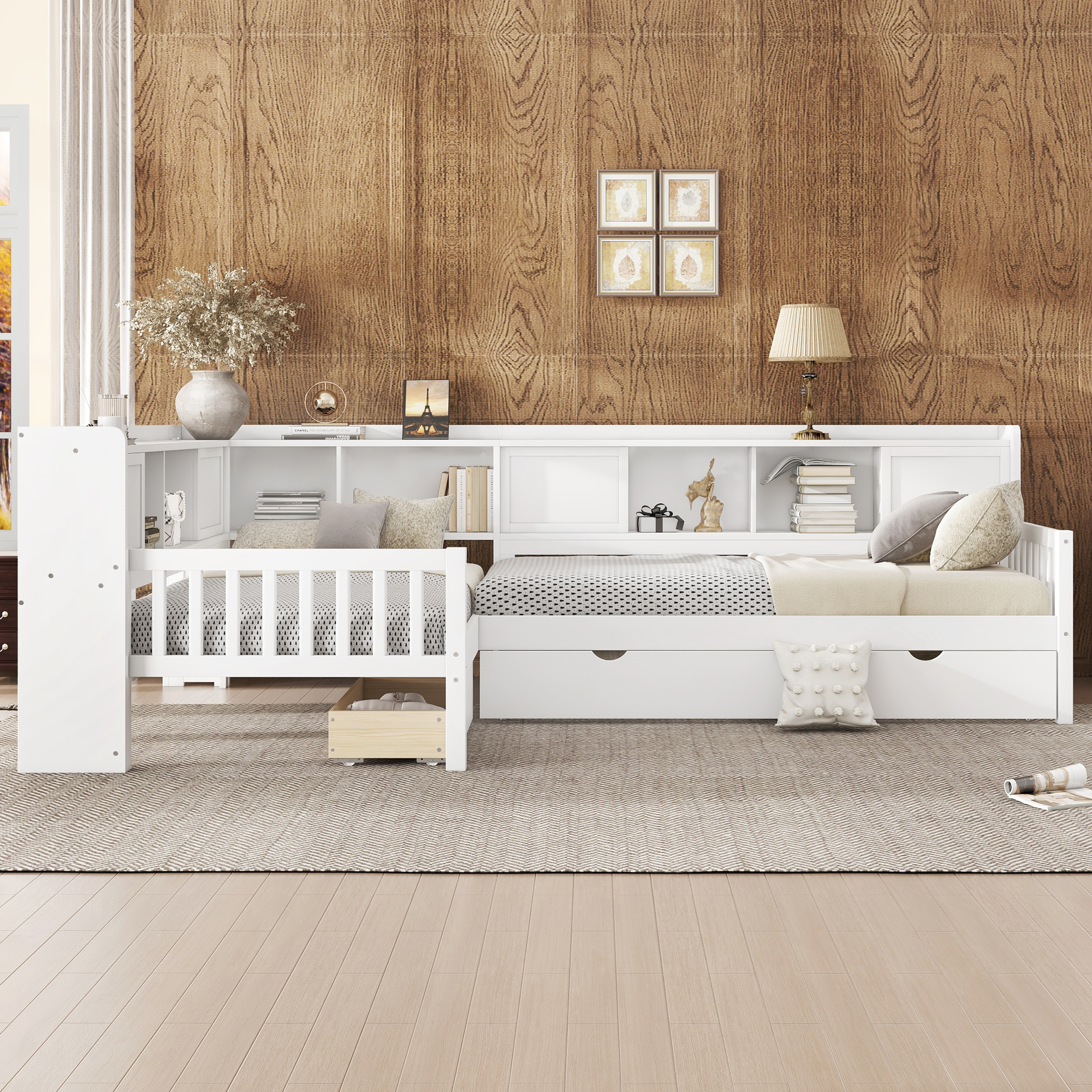 L-shaped Platform Bed Twin Size with Trundle, Solid Wood Platform Bed with Storage Drawers and Shelves, No Spring Box Needed, White - Image 3