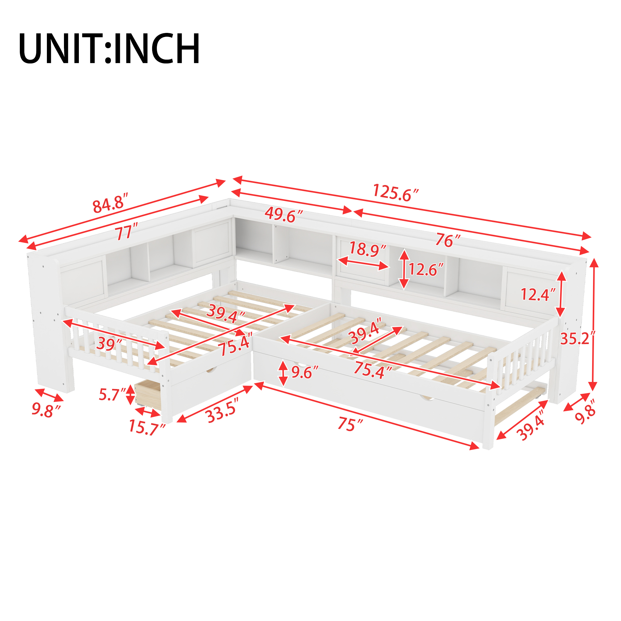 L-shaped Platform Bed Twin Size with Trundle, Solid Wood Platform Bed with Storage Drawers and Shelves, No Spring Box Needed, White - Image 4