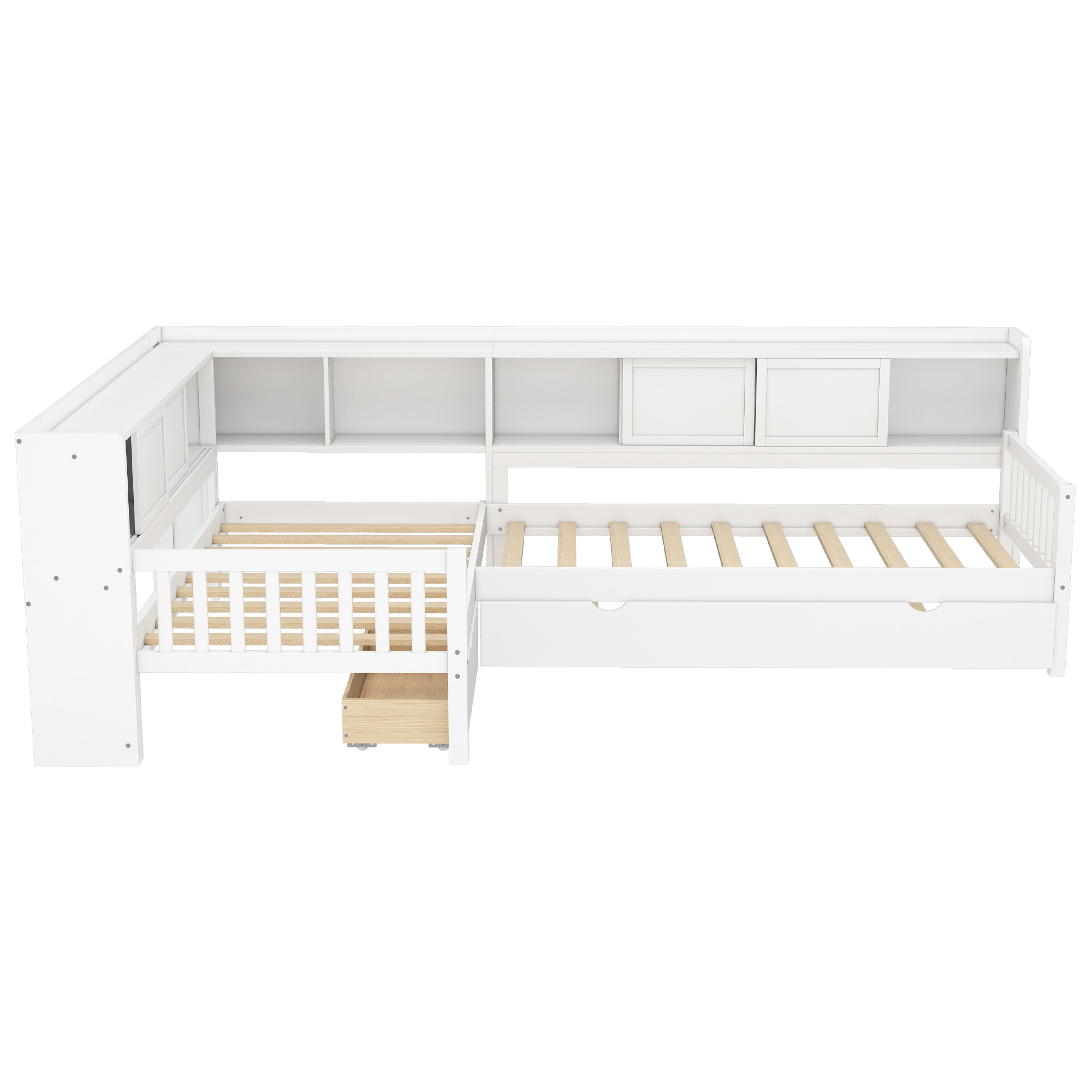 L-shaped Platform Bed Twin Size with Trundle, Solid Wood Platform Bed with Storage Drawers and Shelves, No Spring Box Needed, White - Image 5