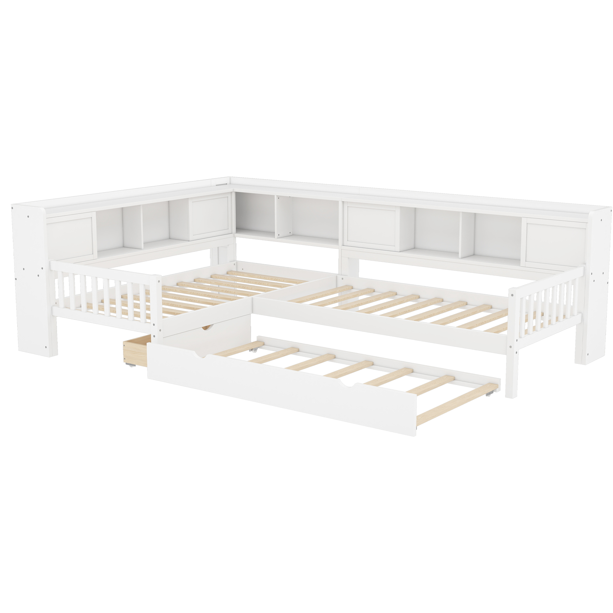 L-shaped Platform Bed Twin Size with Trundle, Solid Wood Platform Bed with Storage Drawers and Shelves, No Spring Box Needed, White - Image 6