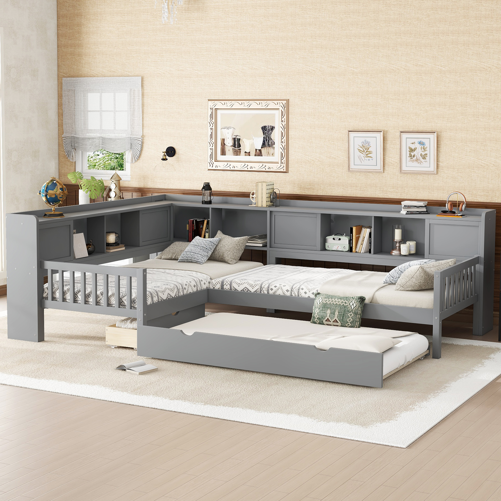 L-shaped Platform Bed Twin Size with Trundle, Solid Wood Platform Bed with Storage Drawers and Shelves, No Spring Box Needed, Grey - Image 1