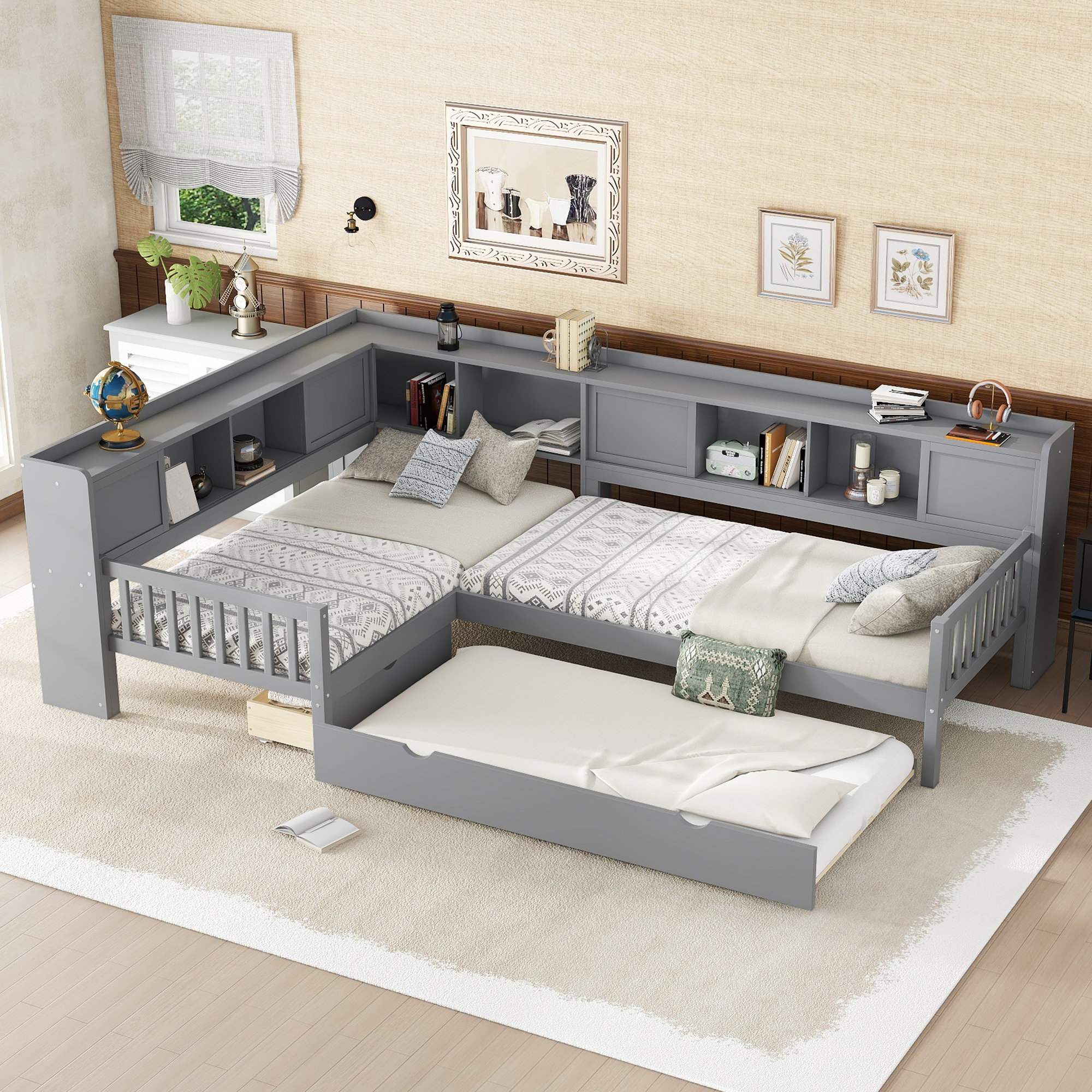 L-shaped Platform Bed Twin Size with Trundle, Solid Wood Platform Bed with Storage Drawers and Shelves, No Spring Box Needed, Grey - Image 2