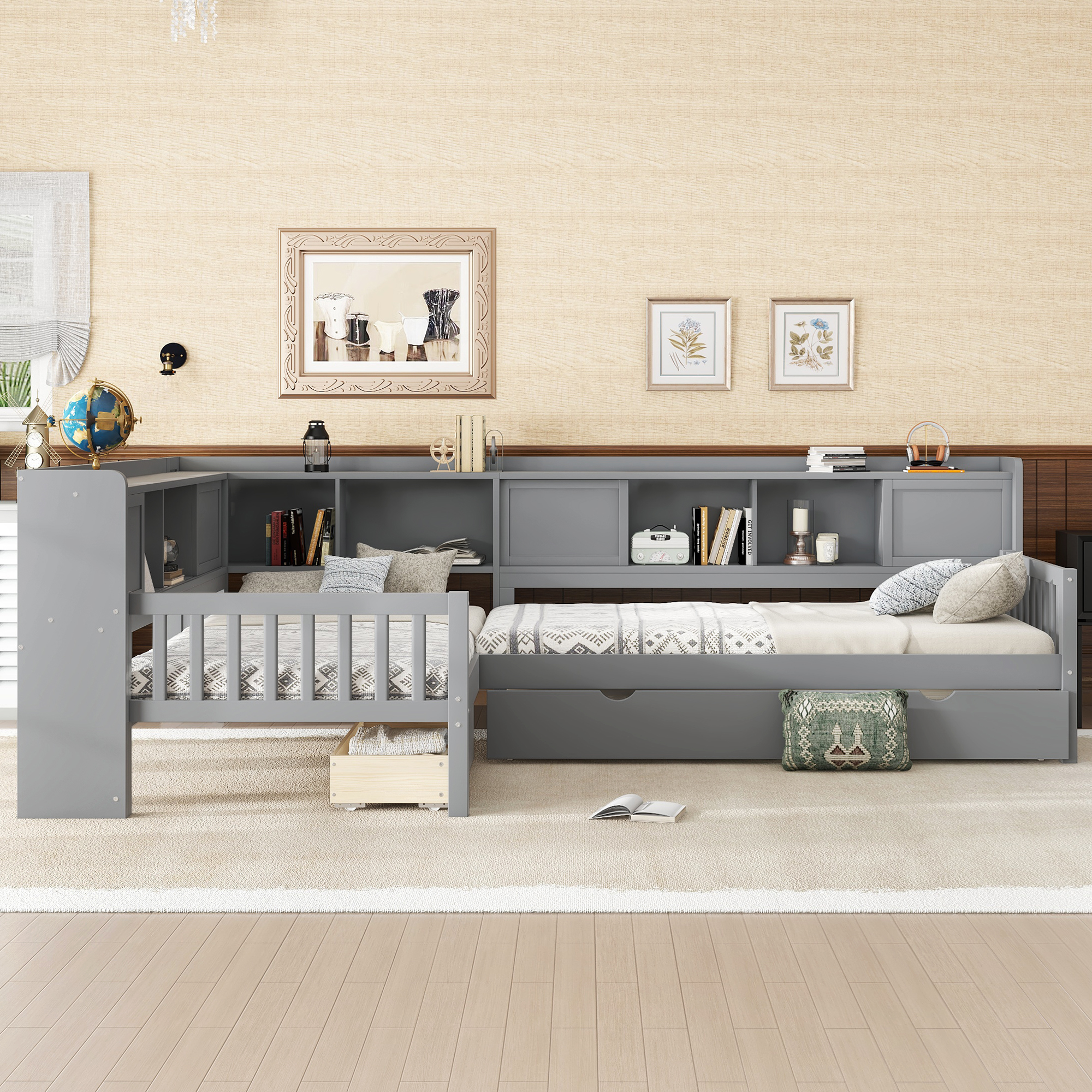 L-shaped Platform Bed Twin Size with Trundle, Solid Wood Platform Bed with Storage Drawers and Shelves, No Spring Box Needed, Grey - Image 3