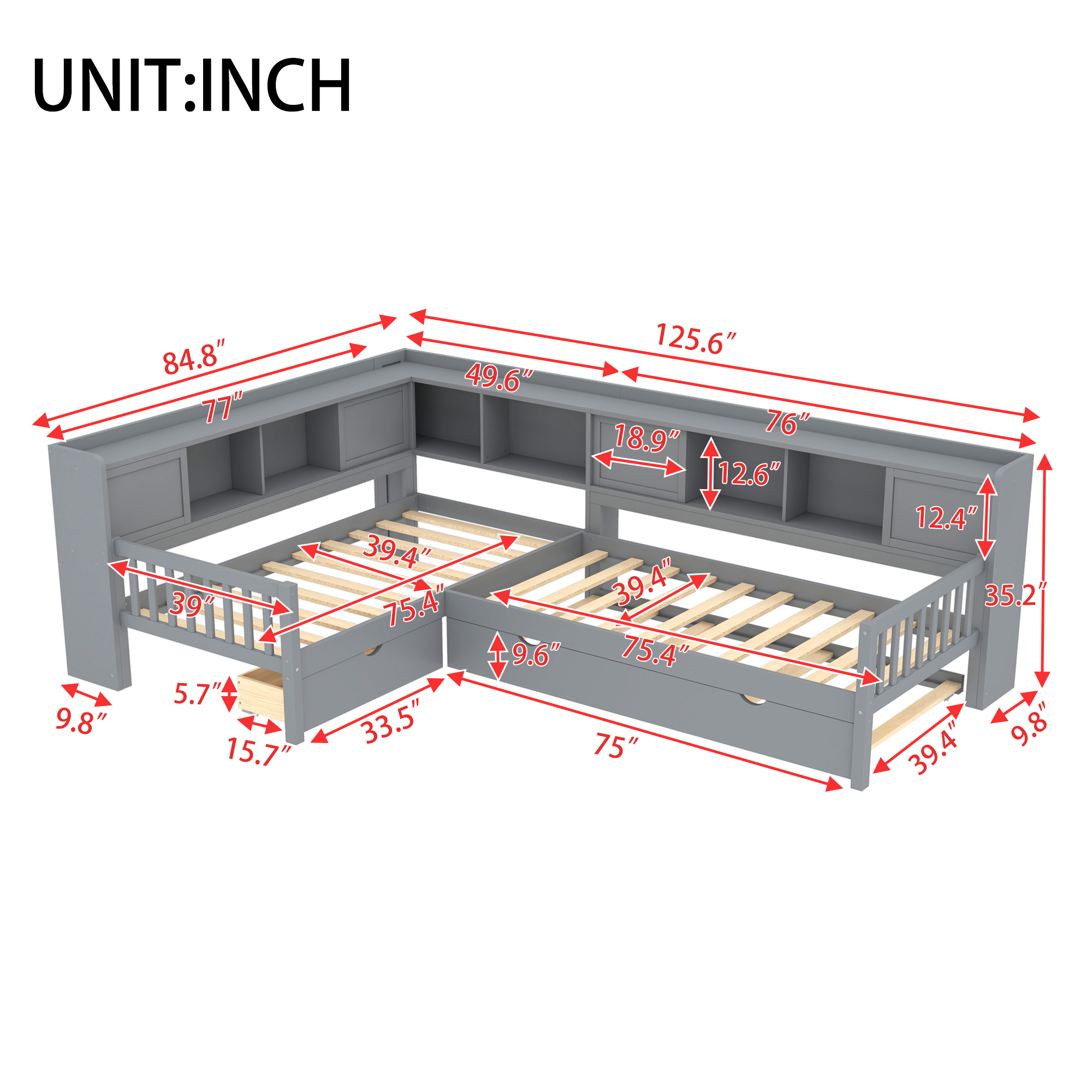 L-shaped Platform Bed Twin Size with Trundle, Solid Wood Platform Bed with Storage Drawers and Shelves, No Spring Box Needed, Grey - Image 4