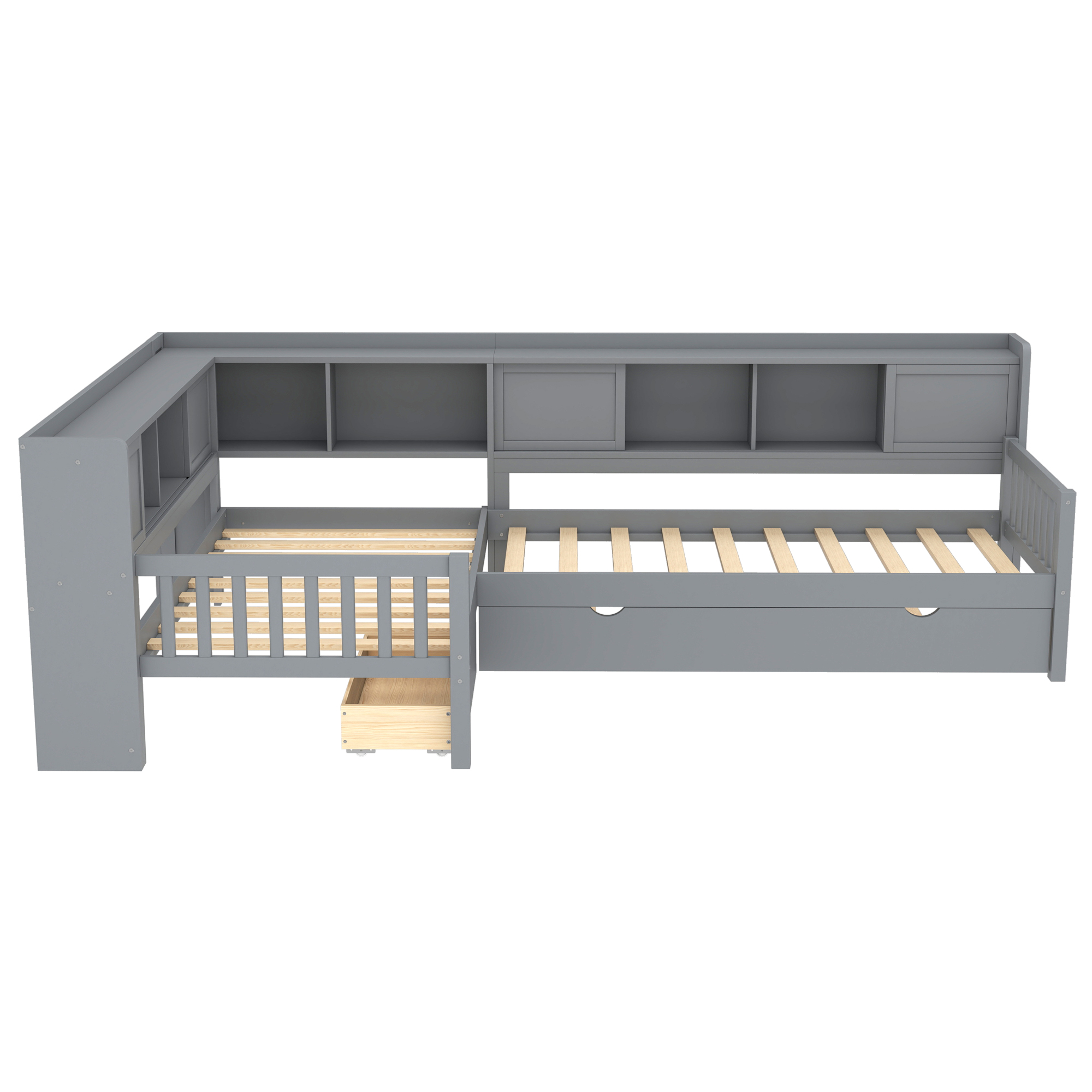 L-shaped Platform Bed Twin Size with Trundle, Solid Wood Platform Bed with Storage Drawers and Shelves, No Spring Box Needed, Grey - Image 5