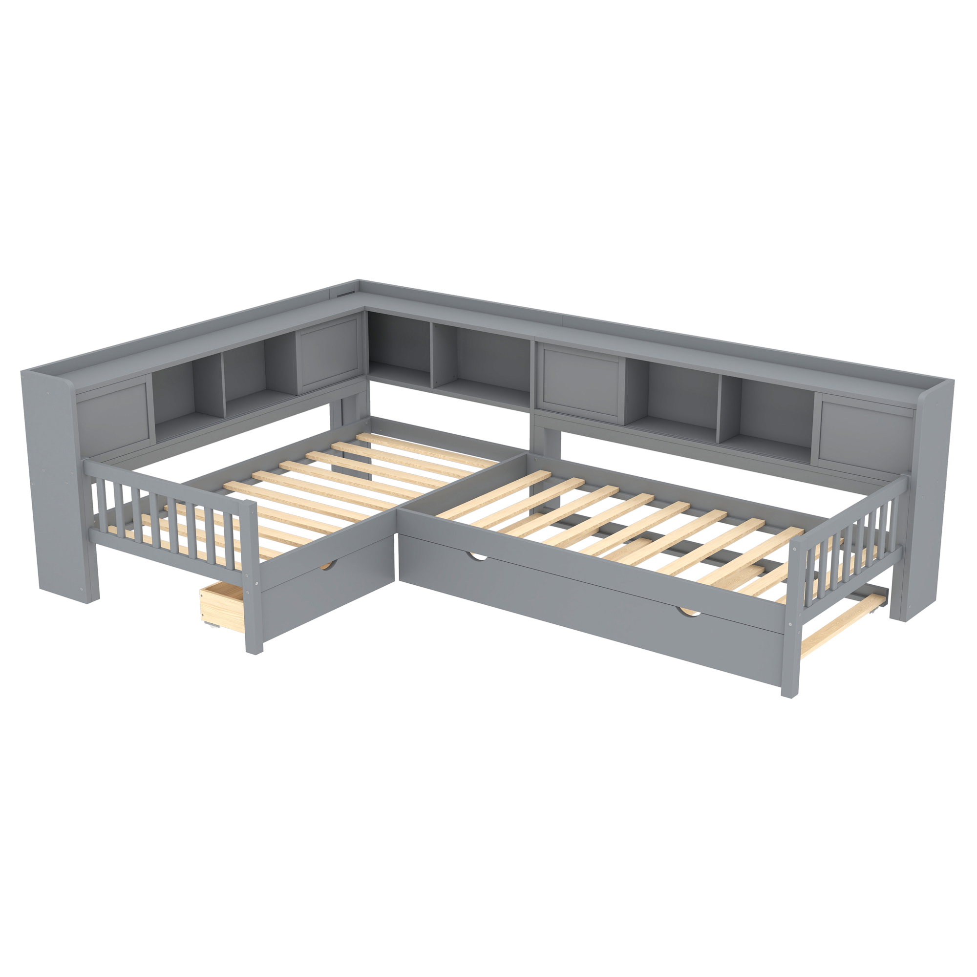 L-shaped Platform Bed Twin Size with Trundle, Solid Wood Platform Bed with Storage Drawers and Shelves, No Spring Box Needed, Grey - Image 6
