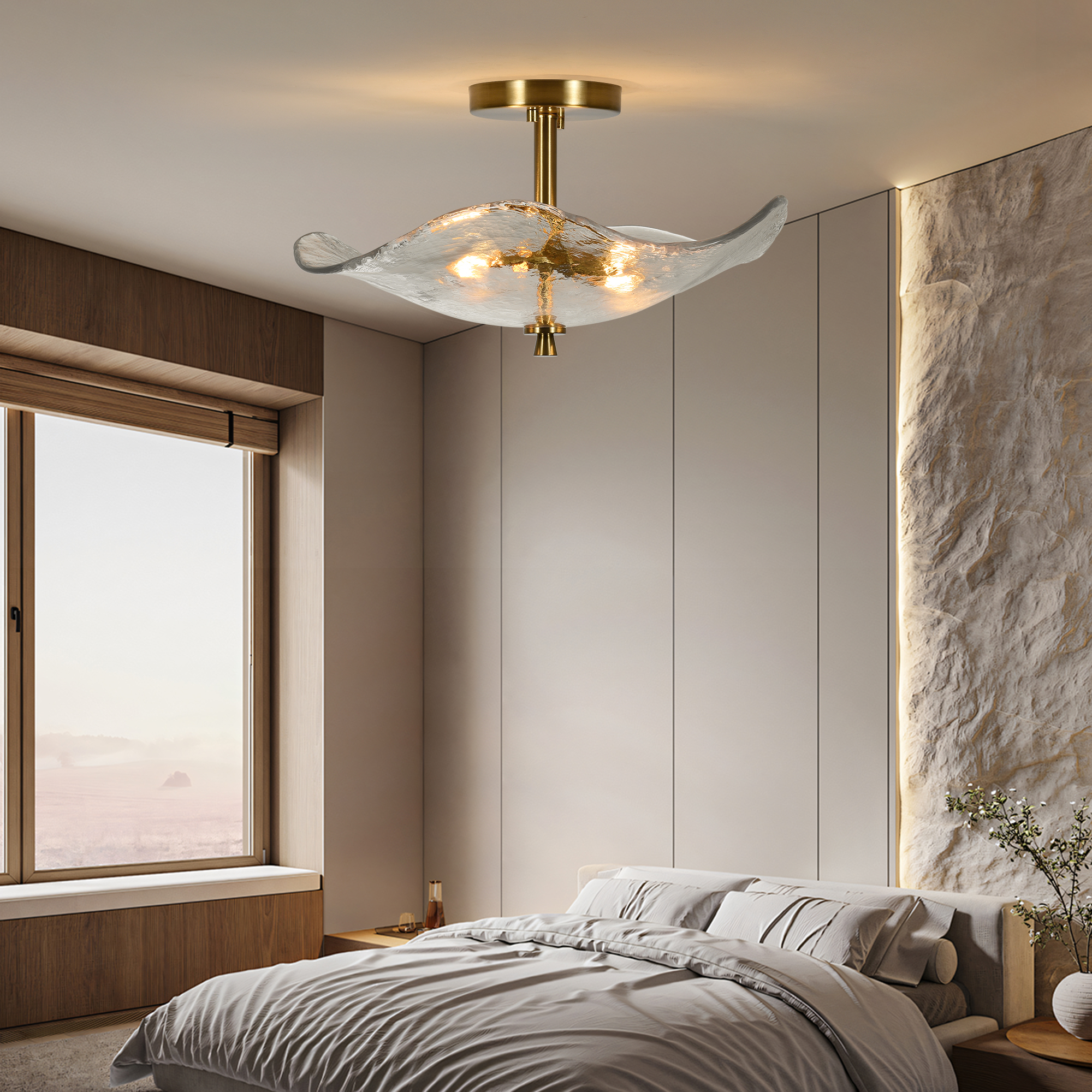 16.5" Glass Semi Flush Mount Ceiling Light Fixture, 2-Lights Close to Ceiling Light, Modern Gold Ceiling Light Fixture for Bedroom Bathroom Hallway Entryway Kitchen Dining Room - Image 2