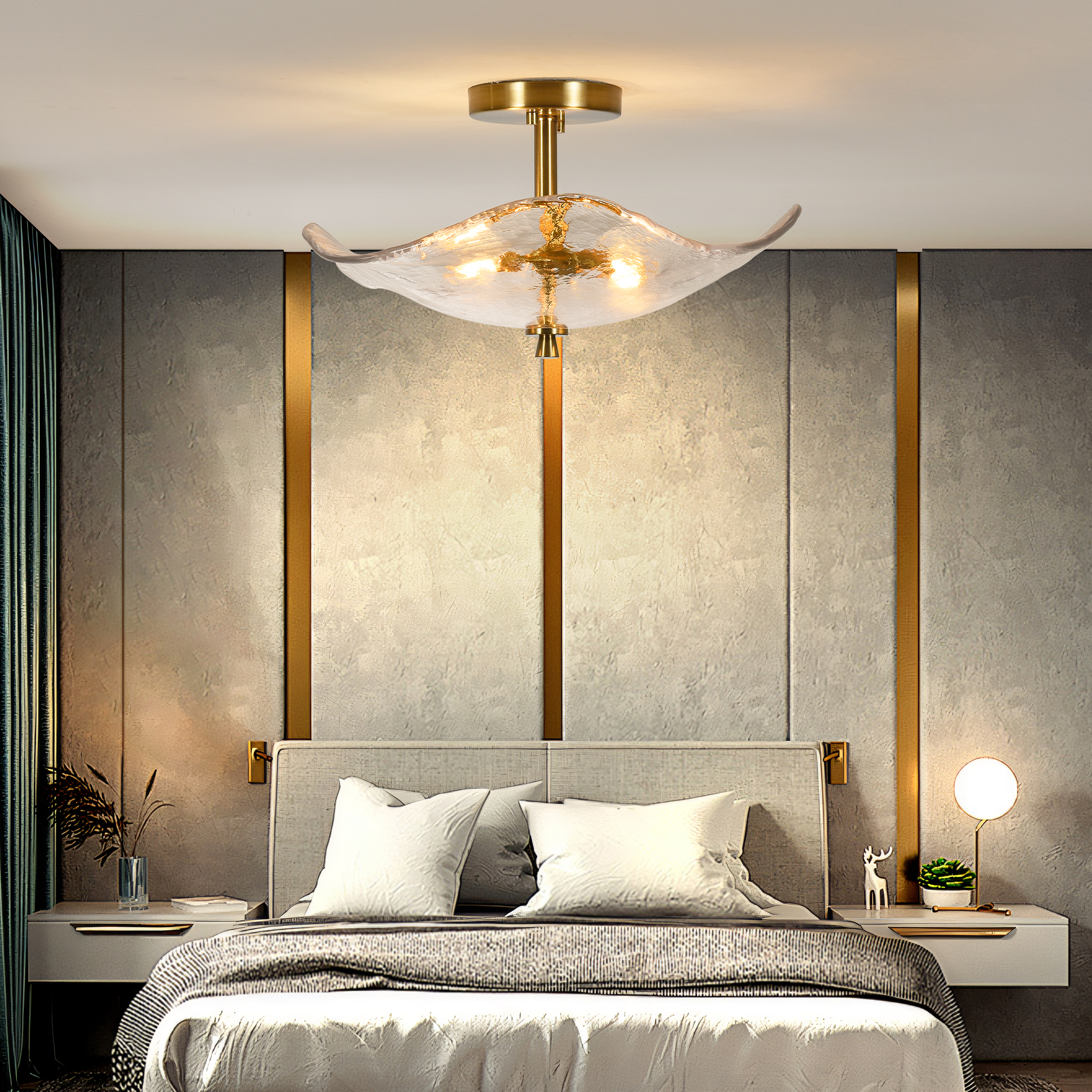 16.5" Glass Semi Flush Mount Ceiling Light Fixture, 2-Lights Close to Ceiling Light, Modern Gold Ceiling Light Fixture for Bedroom Bathroom Hallway Entryway Kitchen Dining Room - Image 3