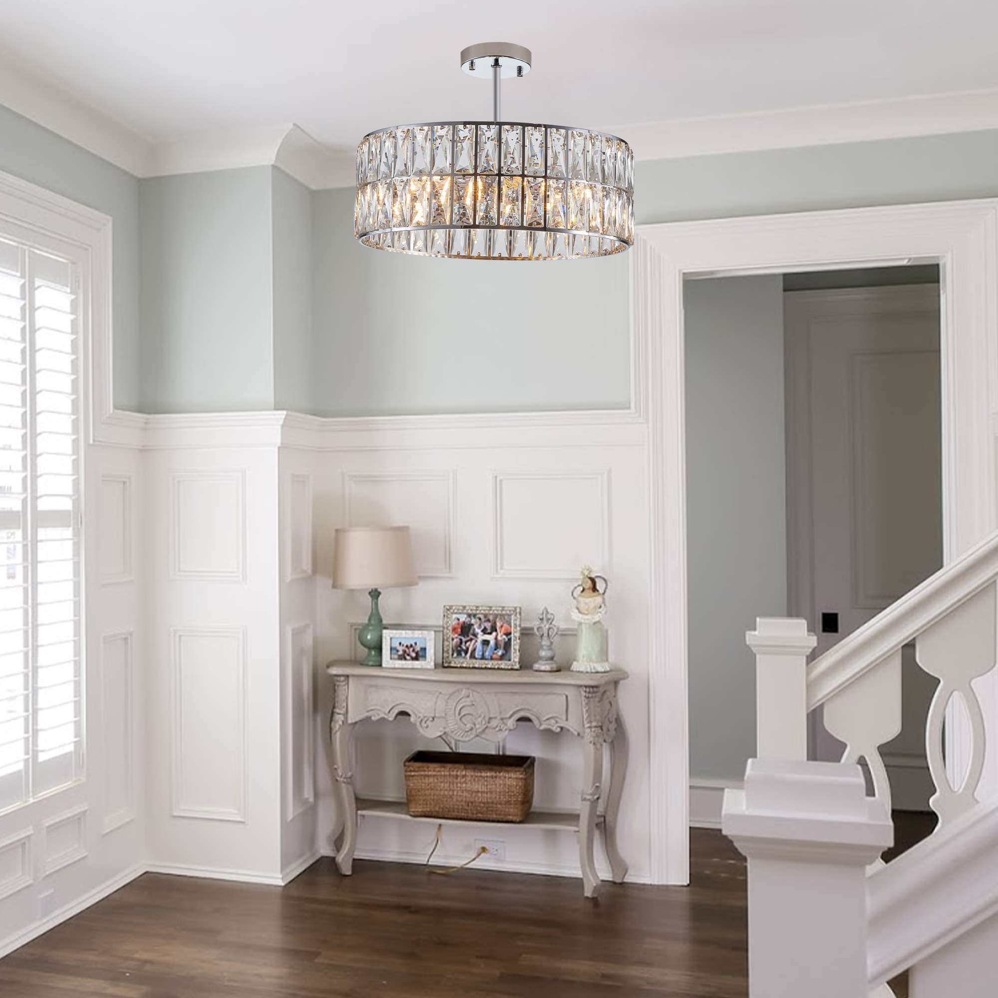 (W1340P189448/L5025-450-C) Crystal Chandeliers,5-Tier Round Semi Flush Mount Chandelier Light Fixture,Large Contemporary Luxury Ceiling Lighting for Living Room Dining Room Bedroom Hallway - Image 5