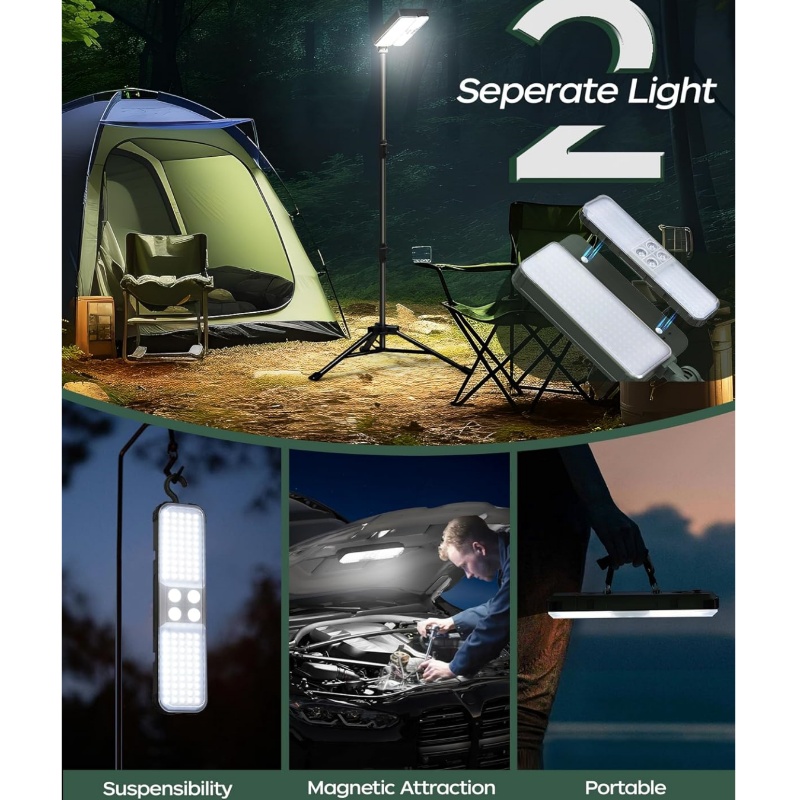 10000lm Dimmable Rechargeable Work Light, 15000mAh Detachable Camping Work Light 72'' Telescopic with 2 Separate Lights, 2 Charge Ways Type C & Solar Powered - Image 3