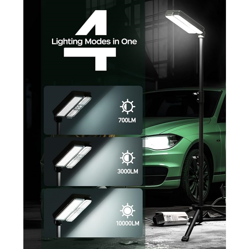 10000lm Dimmable Rechargeable Work Light, 15000mAh Detachable Camping Work Light 72'' Telescopic with 2 Separate Lights, 2 Charge Ways Type C & Solar Powered - Image 4