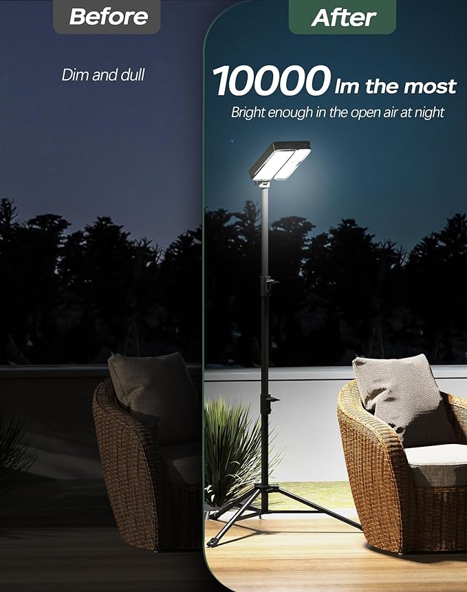 10000lm Dimmable Rechargeable Work Light, 15000mAh Detachable Camping Work Light 72'' Telescopic with 2 Separate Lights, 2 Charge Ways Type C & Solar Powered - Image 6