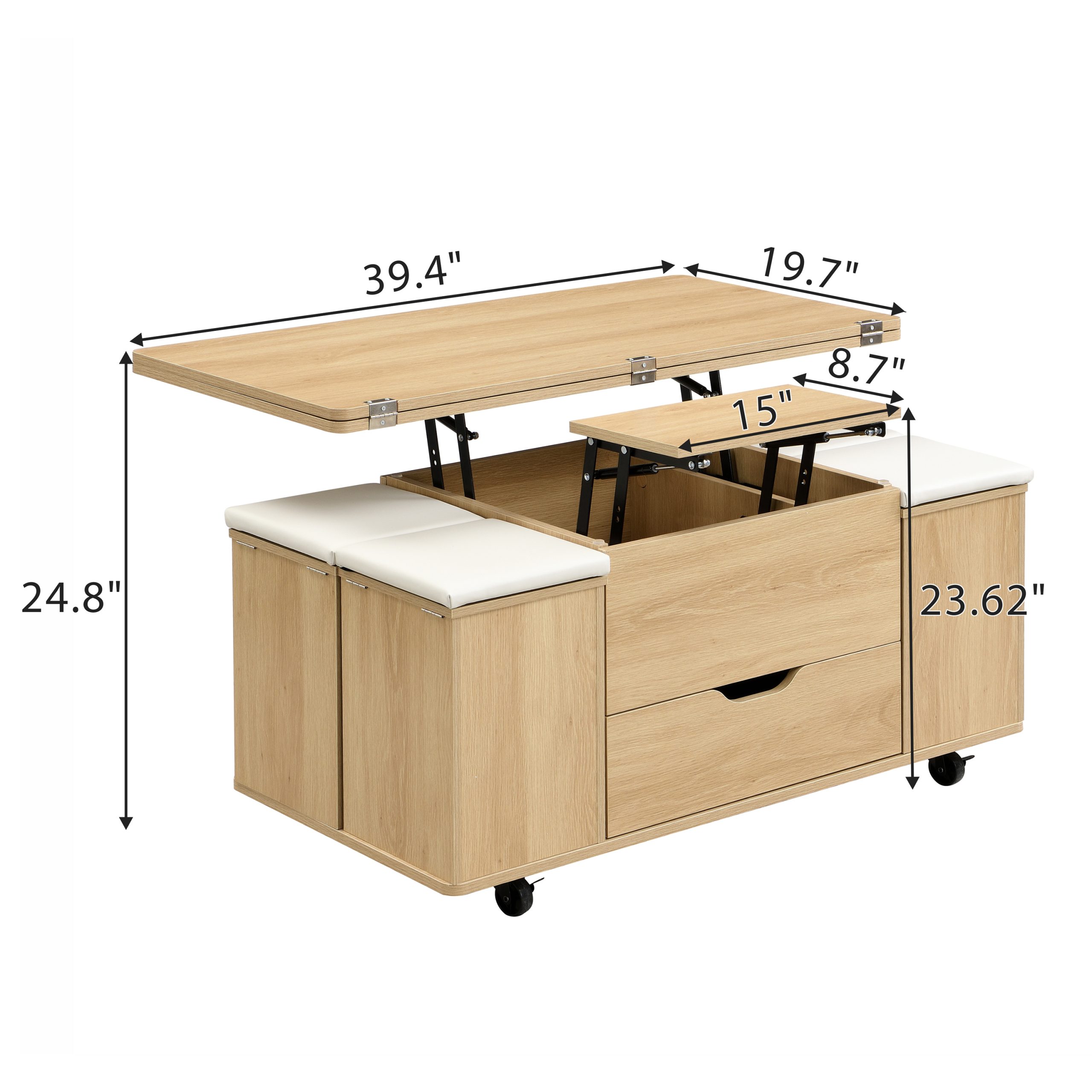 Multi-Functional Lift-Top Coffee Table with Hidden Storage and Stools,Multi-Function Modern Center Table with 4 Stools and Casters,Perfect for Modern Living Spaces-Natural & White Color - Image 2