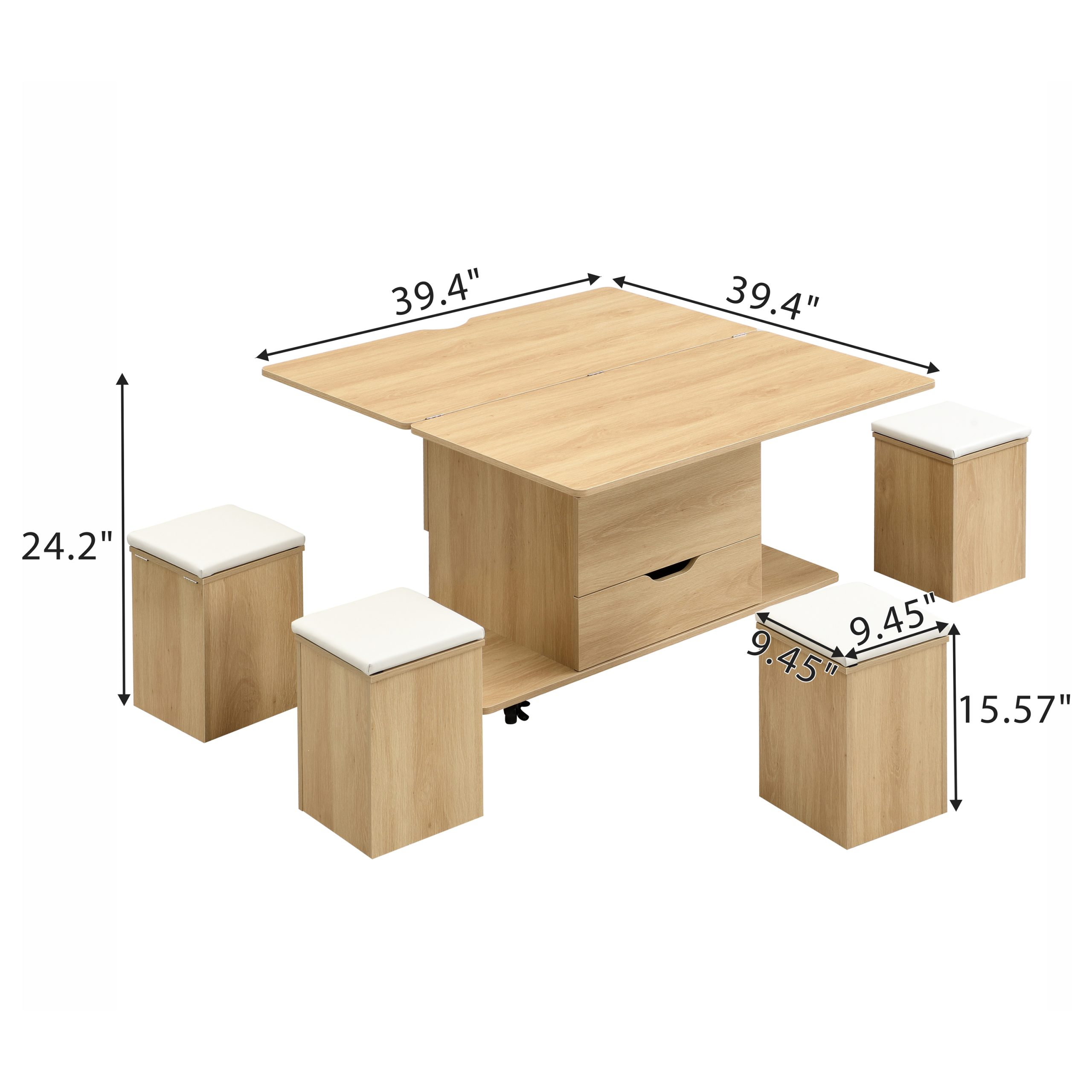 Multi-Functional Lift-Top Coffee Table with Hidden Storage and Stools,Multi-Function Modern Center Table with 4 Stools and Casters,Perfect for Modern Living Spaces-Natural & White Color - Image 3
